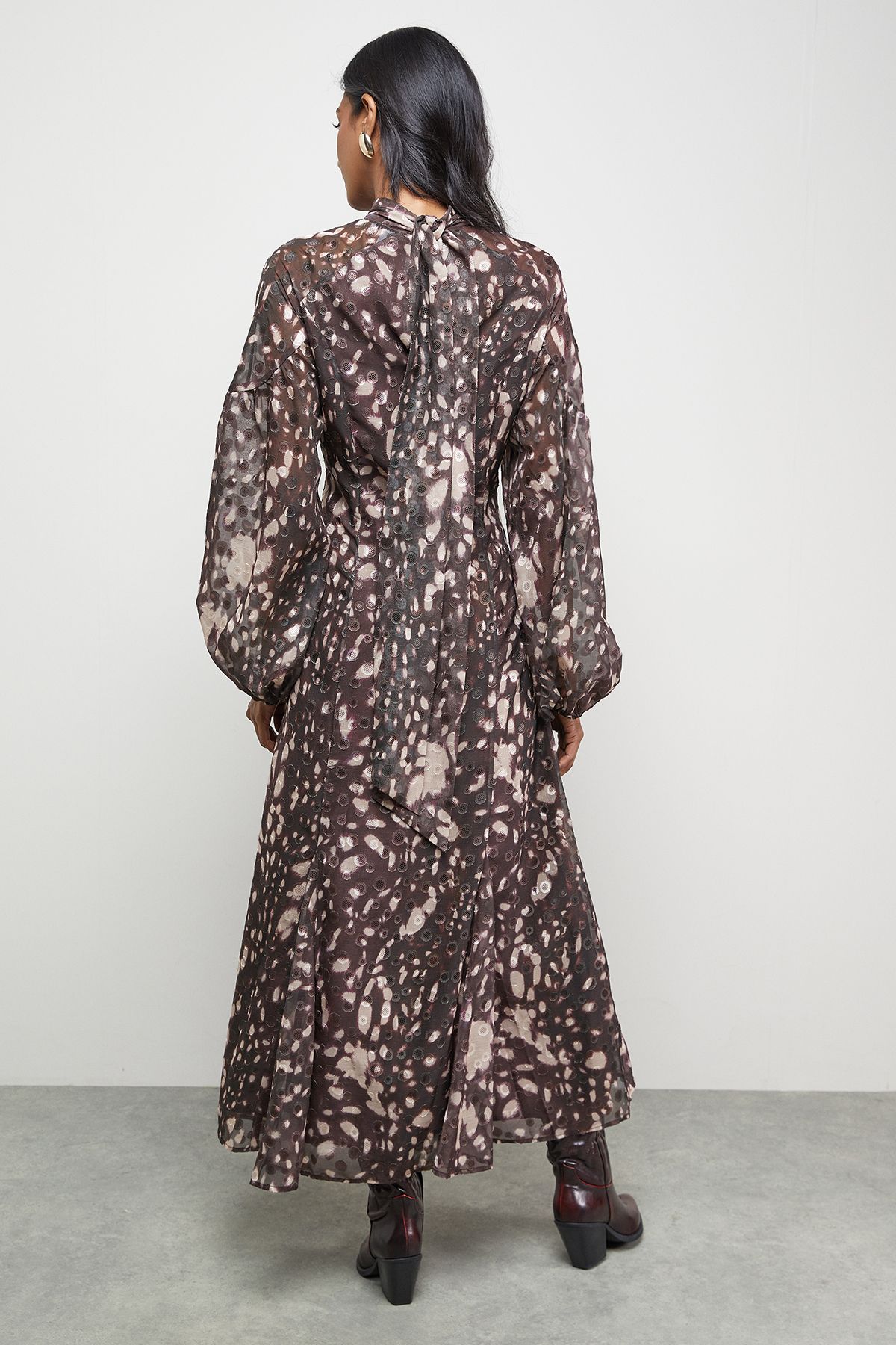 Warehouse Paisley Burnout Spot High Neck Godet Midi Dress Floral image 3
