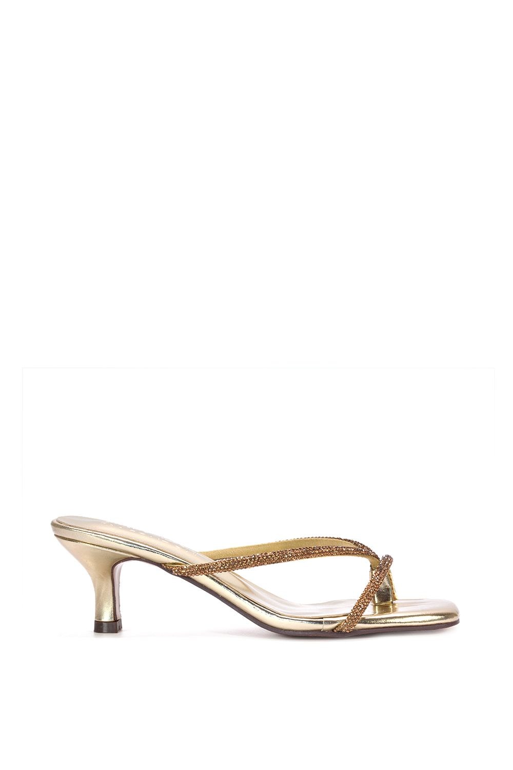 XY London 'Megan' Toe Post Heeled Mules With Crystal Details