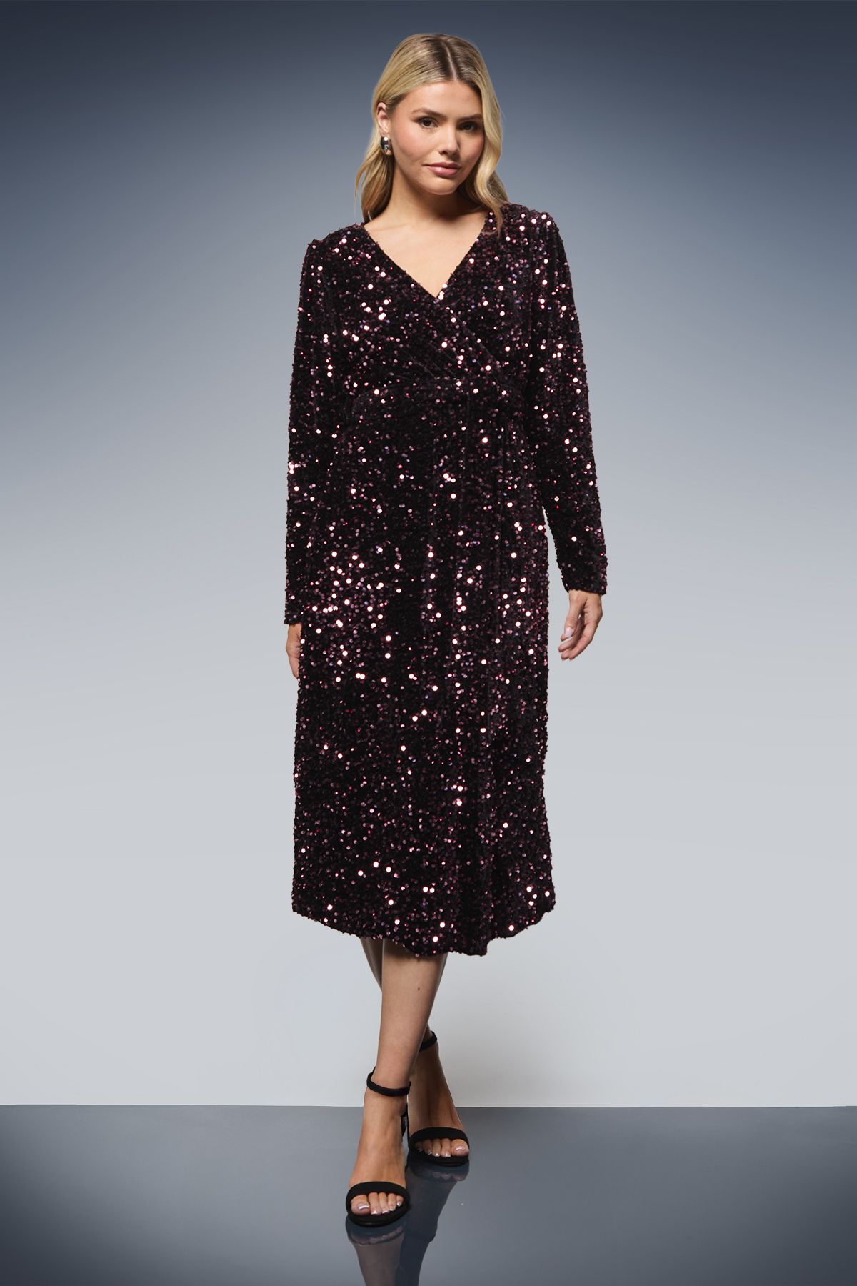 Dorothy Perkins Velvet Sequin Wrap Midi Dress Lilac image 1