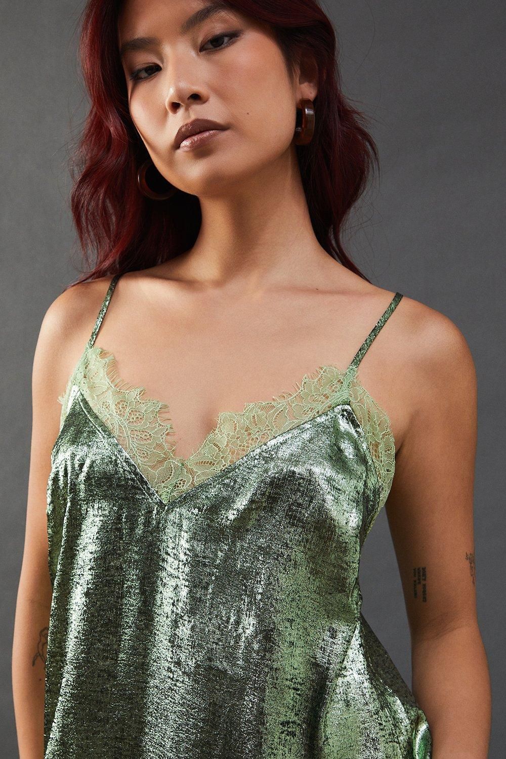 Warehouse Metallic Lame Strappy Lace Insert Slip Midi Dress Green image 5