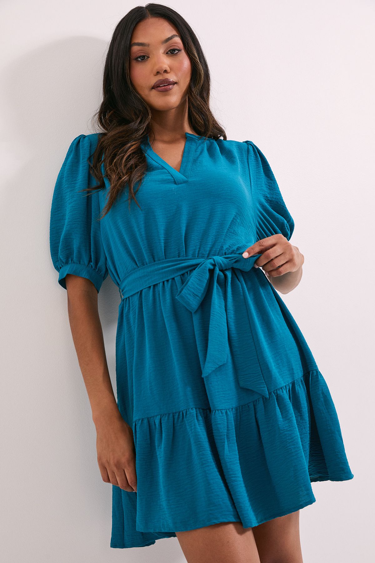 Dorothy Perkins Overhead Belted Puff Sleeve Mini Dress Teal image 1