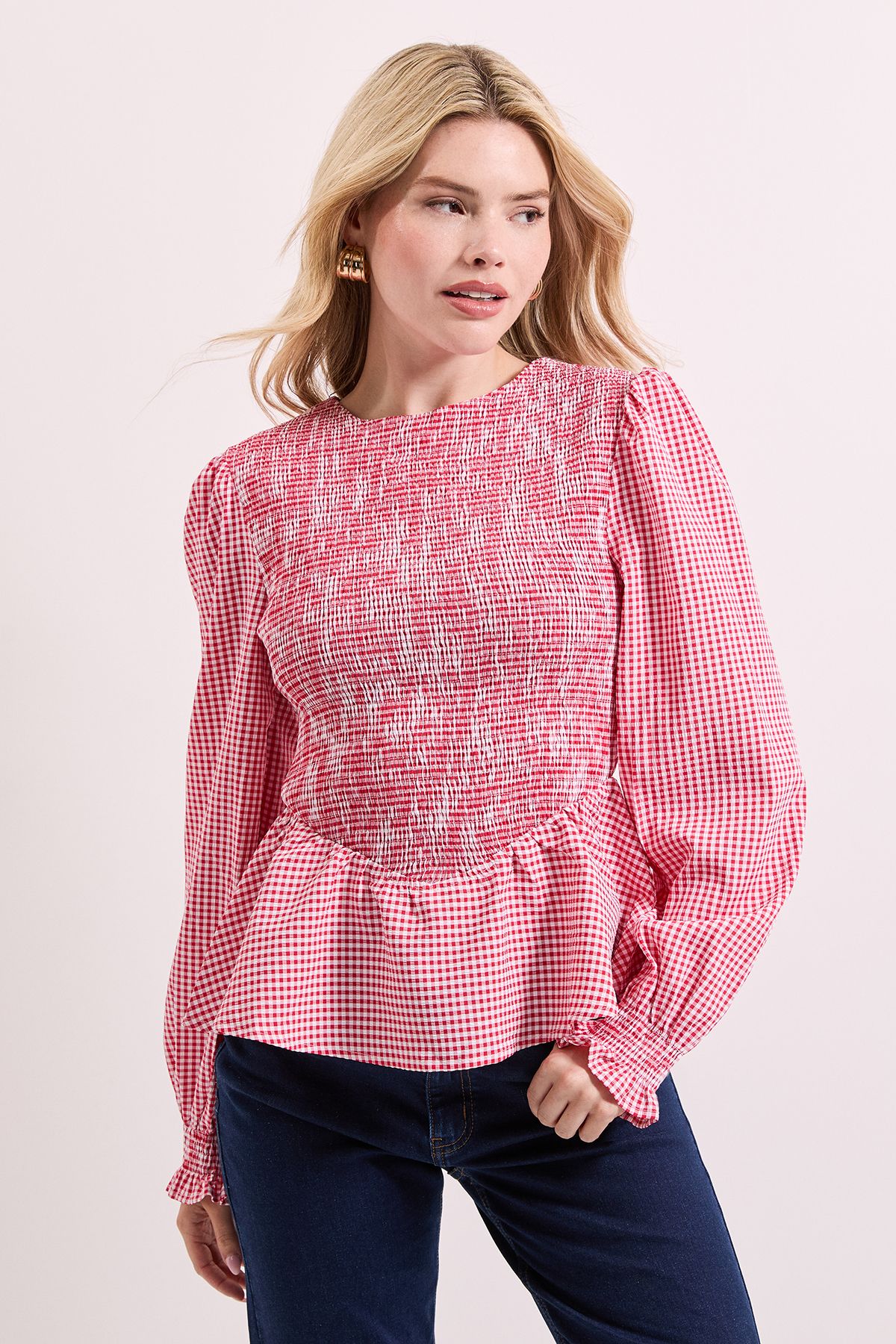 Dorothy Perkins Gingham Shirred Bodice Blouson Sleeve Peplum Top Red image 2
