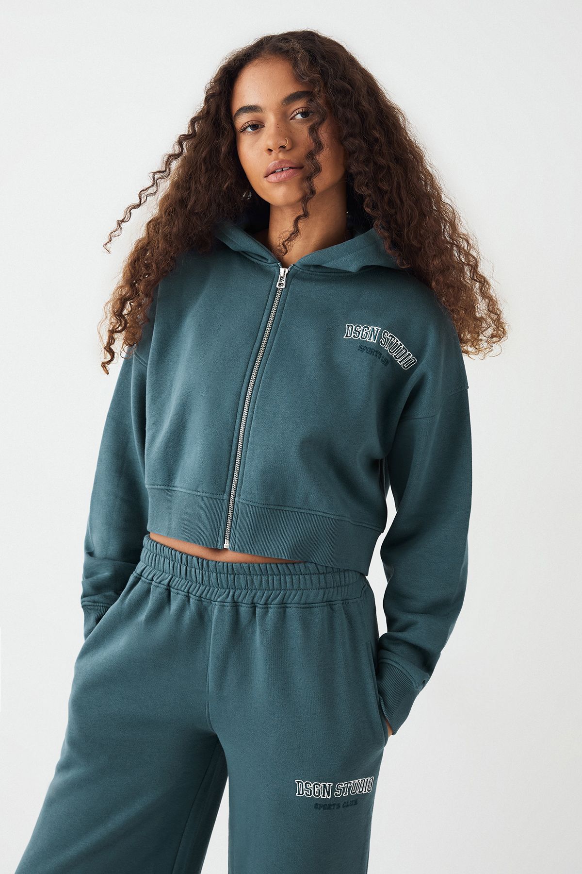 DSGN Studio DSGN Studio Boxy Crop Zip Through Hoodie Teal image 1