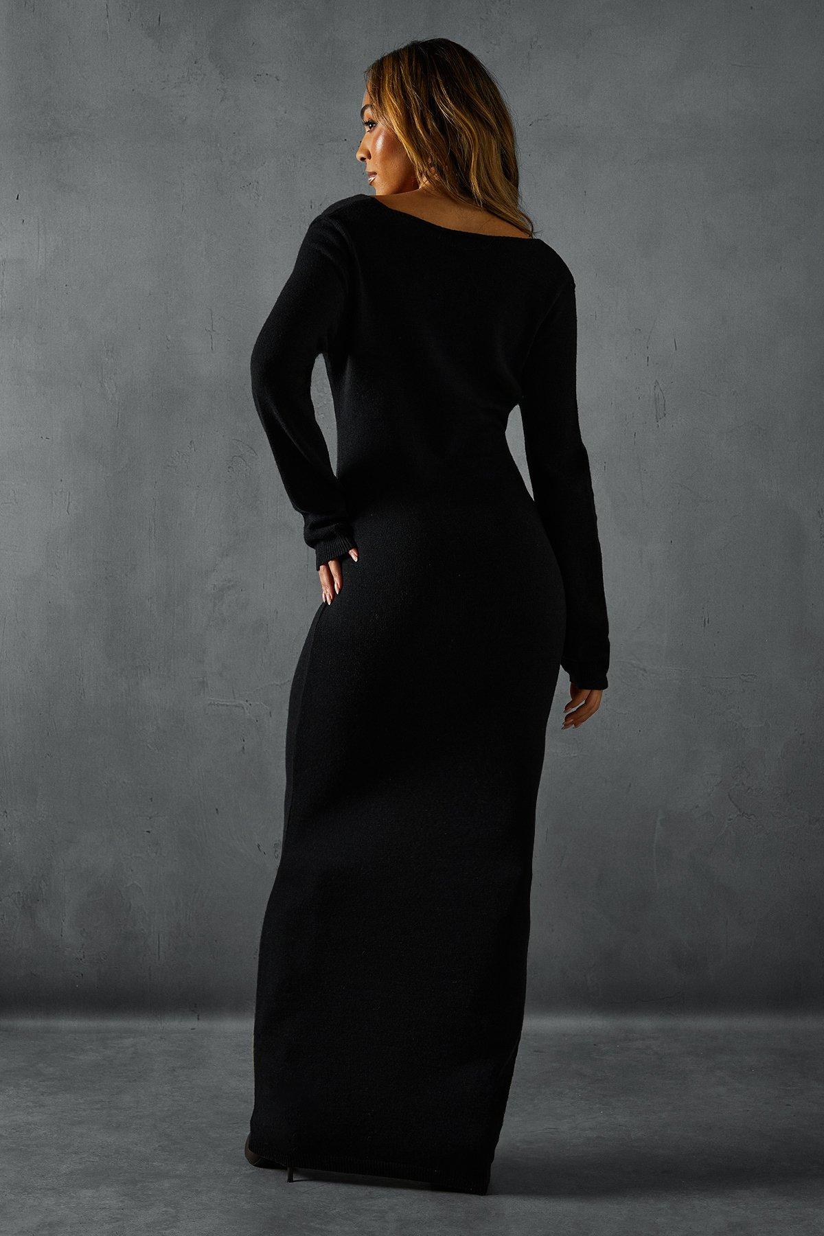 MissPap Fine Gauge Tie Front Knitted Midaxi Dress Black image 3