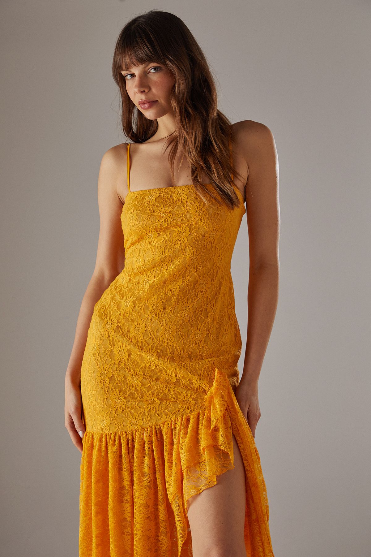 Warehouse Lace Strappy Drop Waist Ruffle Midi Dress Orange image 2