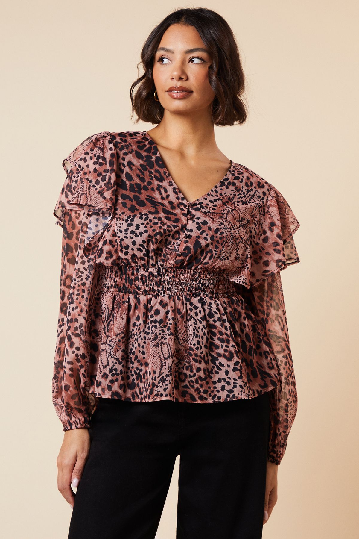 Dorothy Perkins Animal Shirred Waist Button Front Chiffon Long Sleeve Blouse Animal image 1