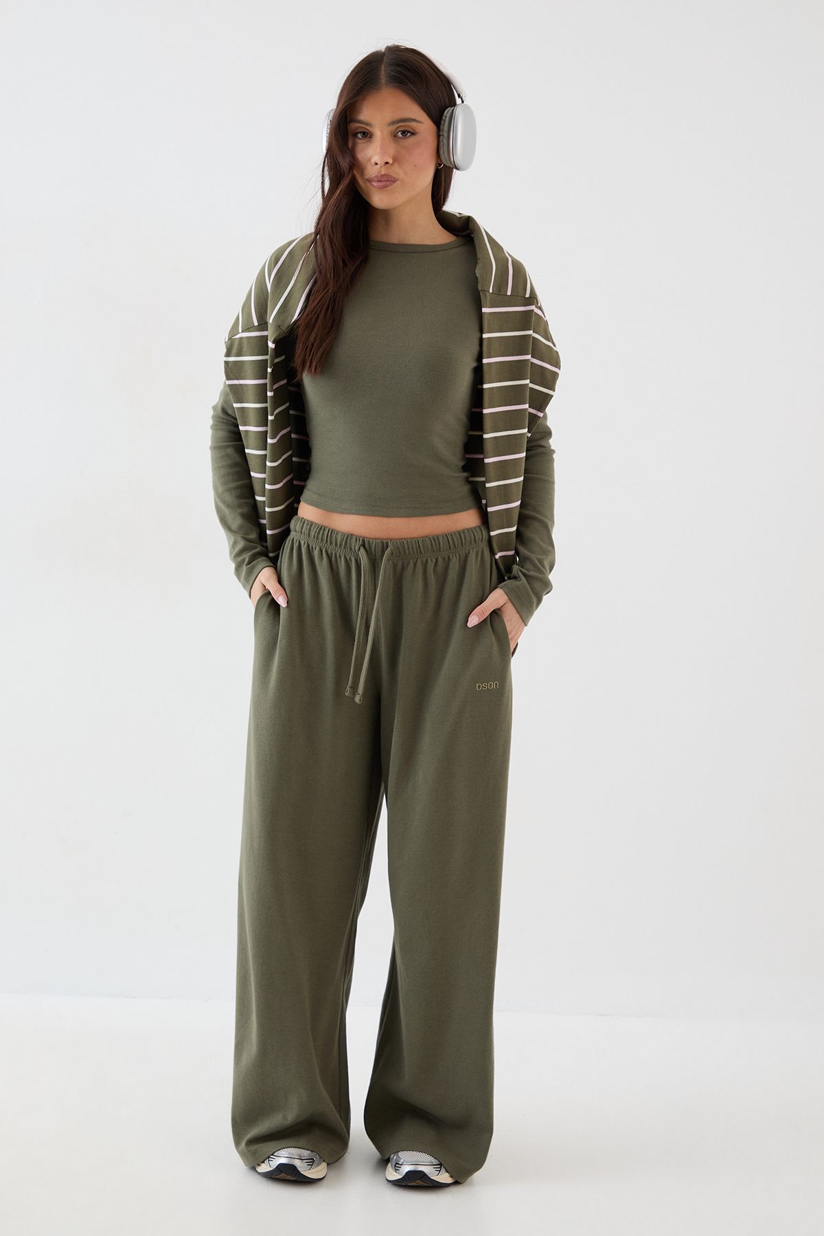 DSGN Studio DSGN Studio Embroidered Rib Wide Leg Trouser Olive image 5