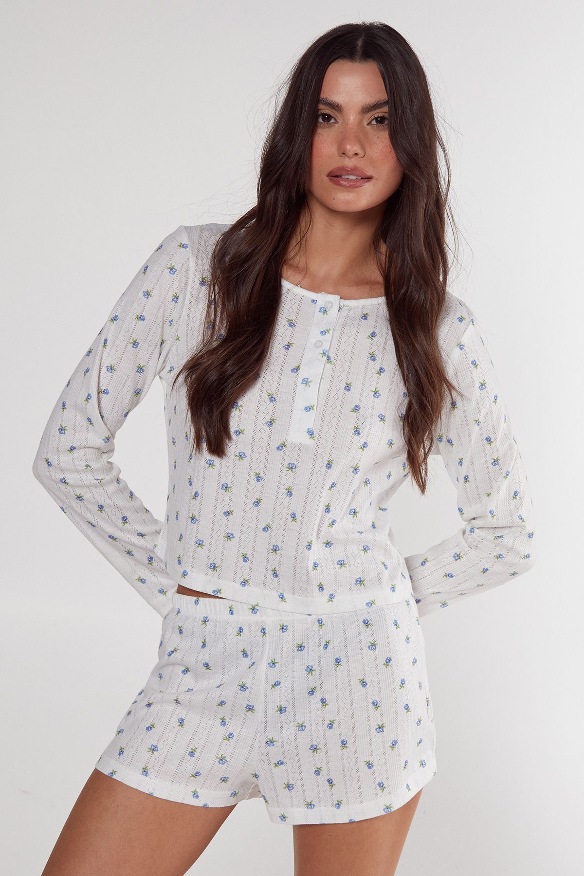NastyGal Pointelle Ditsy Floral Long Sleeve Top and Short Pajama Set White image 1