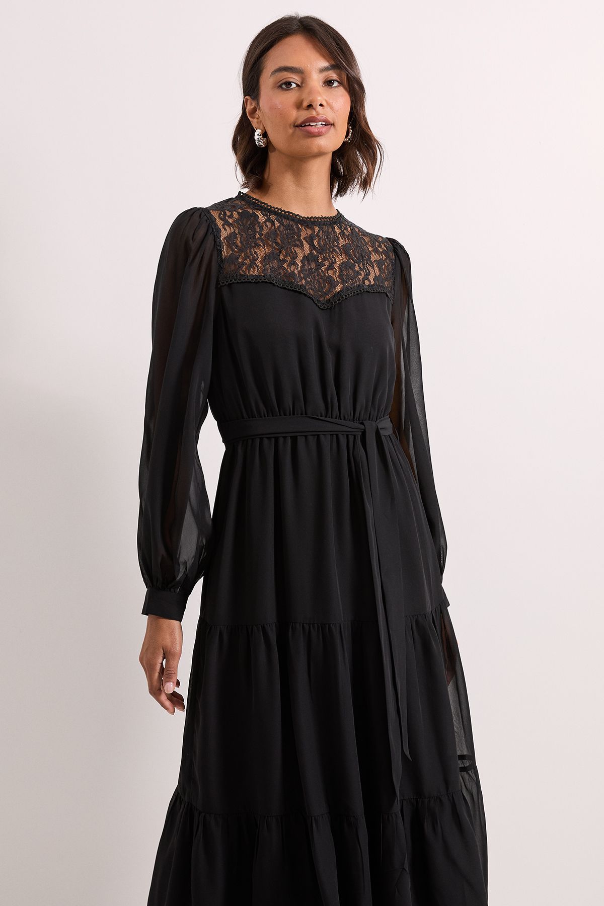 Dorothy Perkins Lace Yoke Blouson Sleeve Tiered Midaxi Dress Black image 2