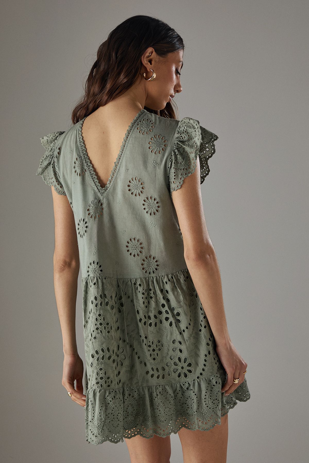 Warehouse Broderie Mix Tier Mini Smock Dress Khaki image 4