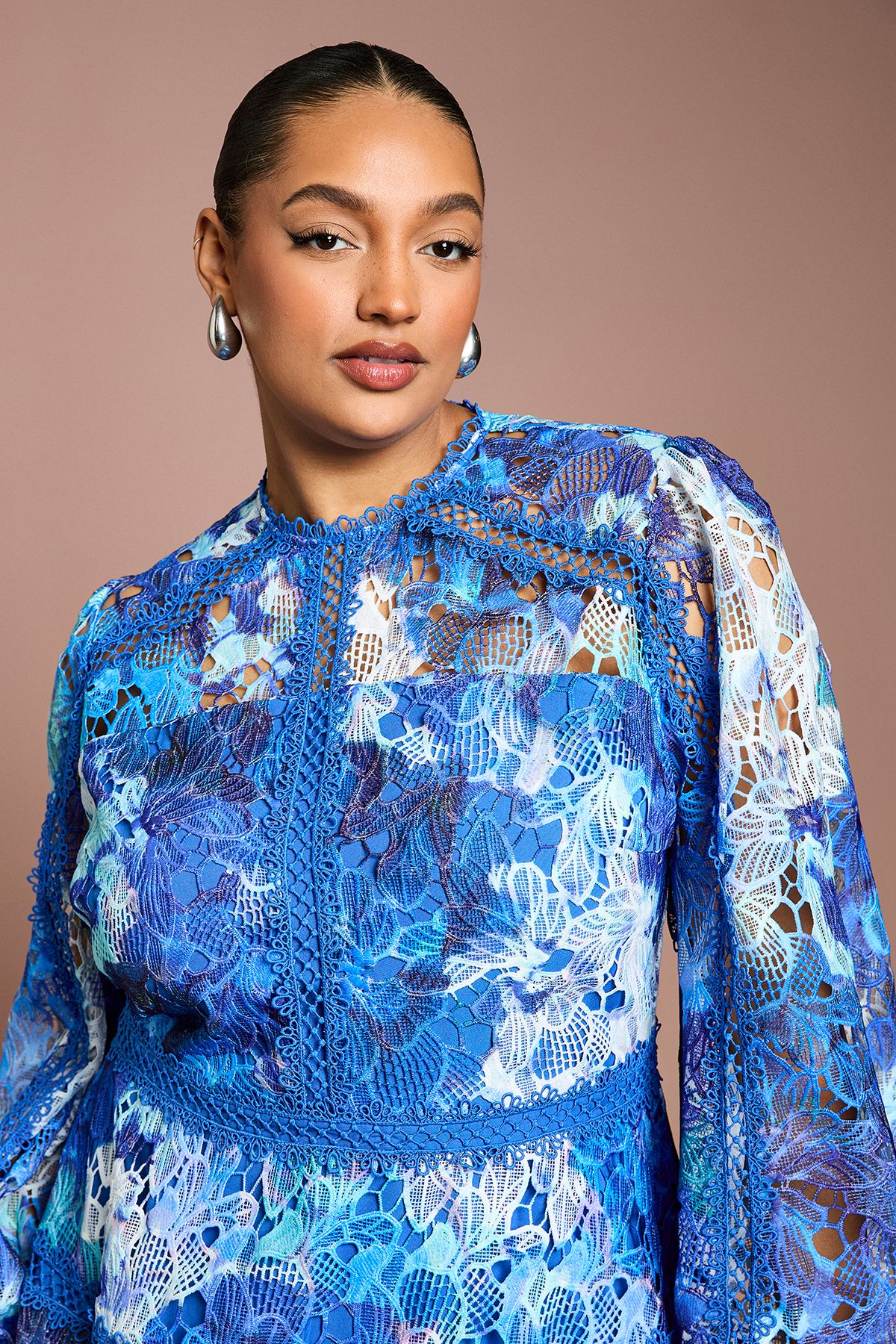 Coast Plus Printed Lace Panelled Long Sleeve Dress Blue image 4