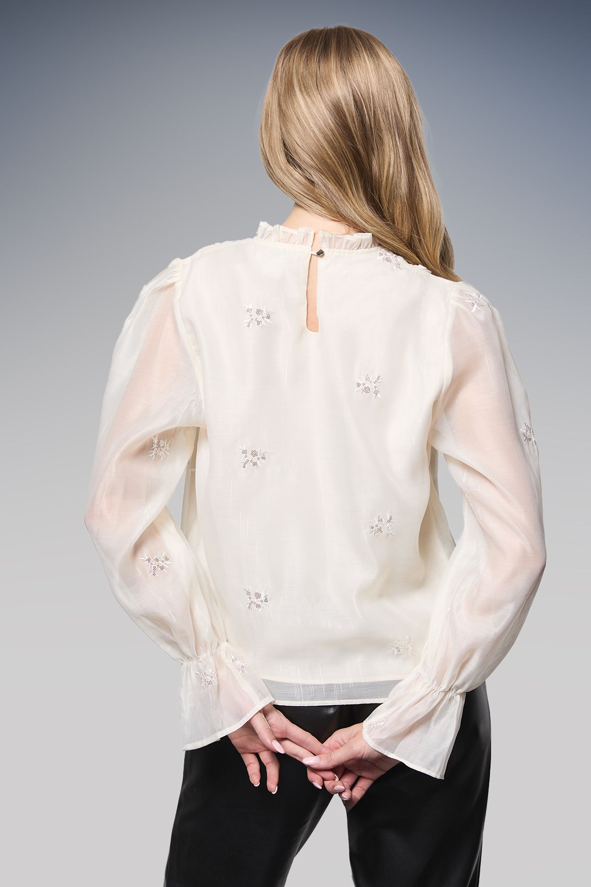 Oasis Sequin Floral Embroidered Frill Neck Blouse Ivory image 3