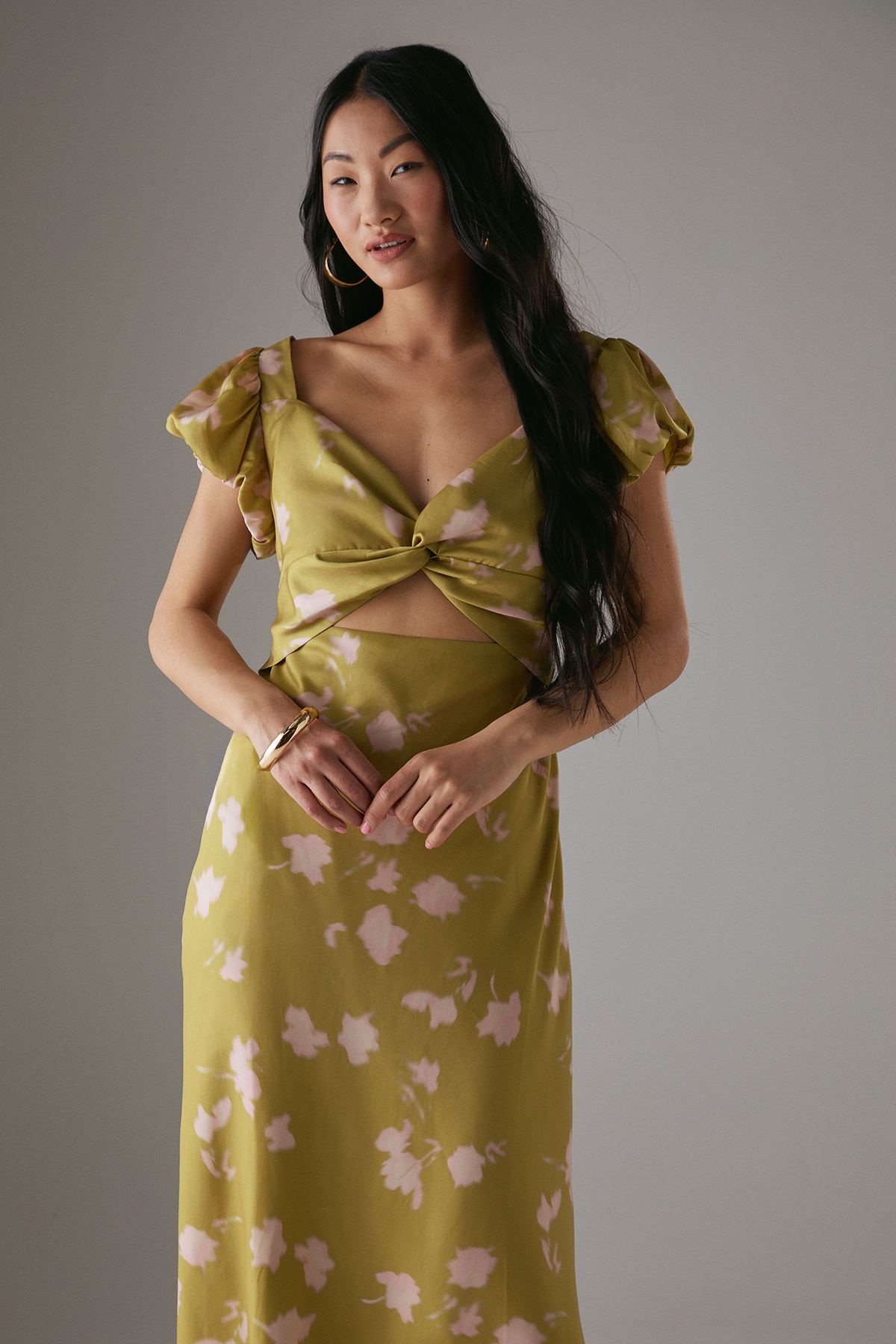 Warehouse Petite Satin Knot Front Cut Out Midi Dress Olive image 4