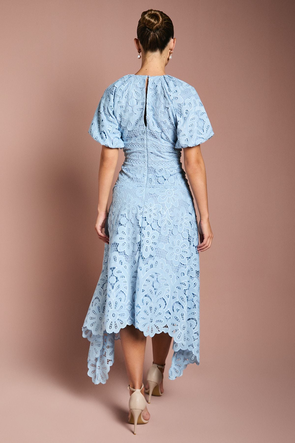 Coast Lace Hanky Hem Puff Sleeve Dress Light Blue image 3