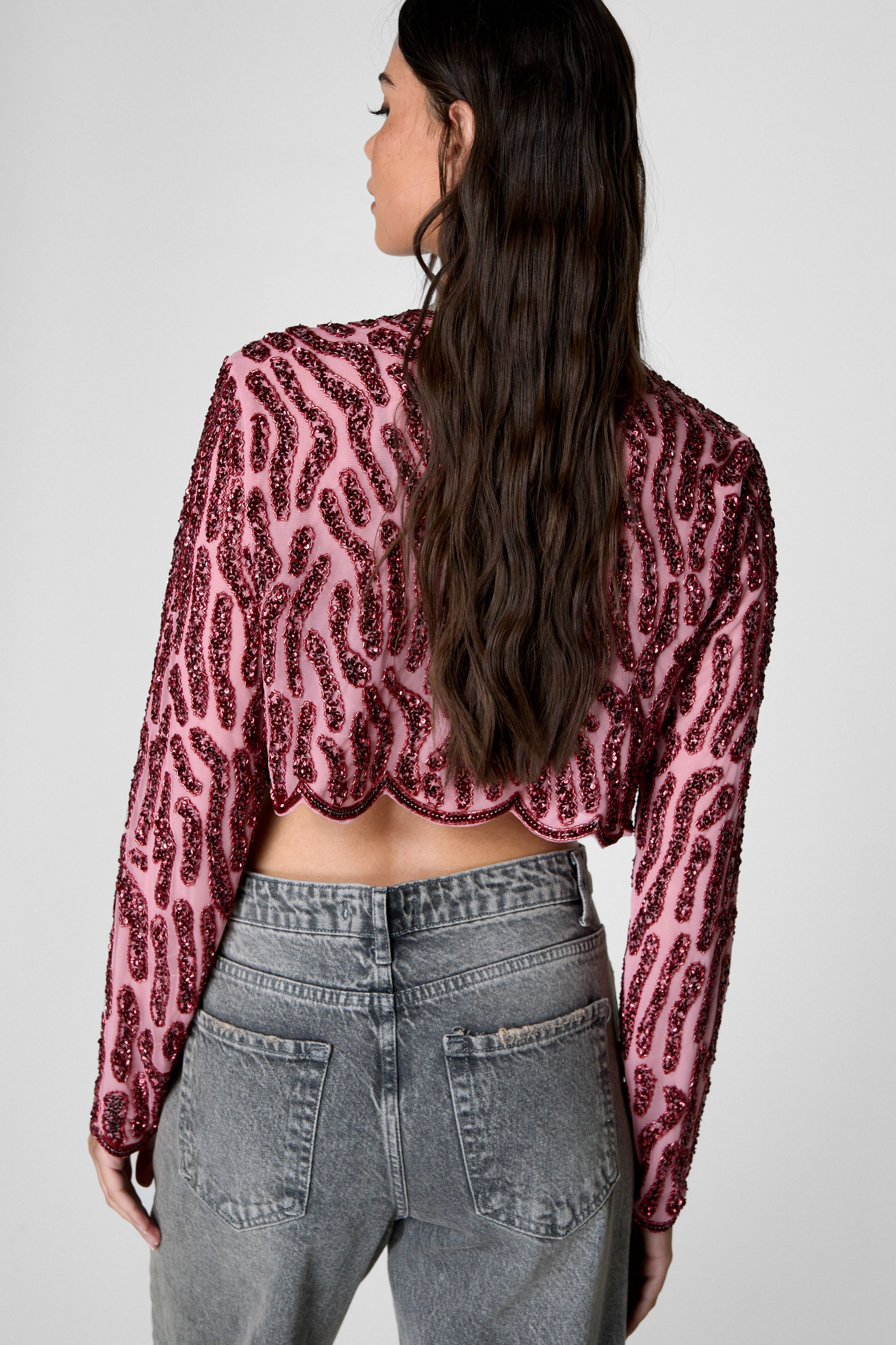 NastyGal Zebra Hand Embellished Two Tone Scallop Jacket Pink image 4