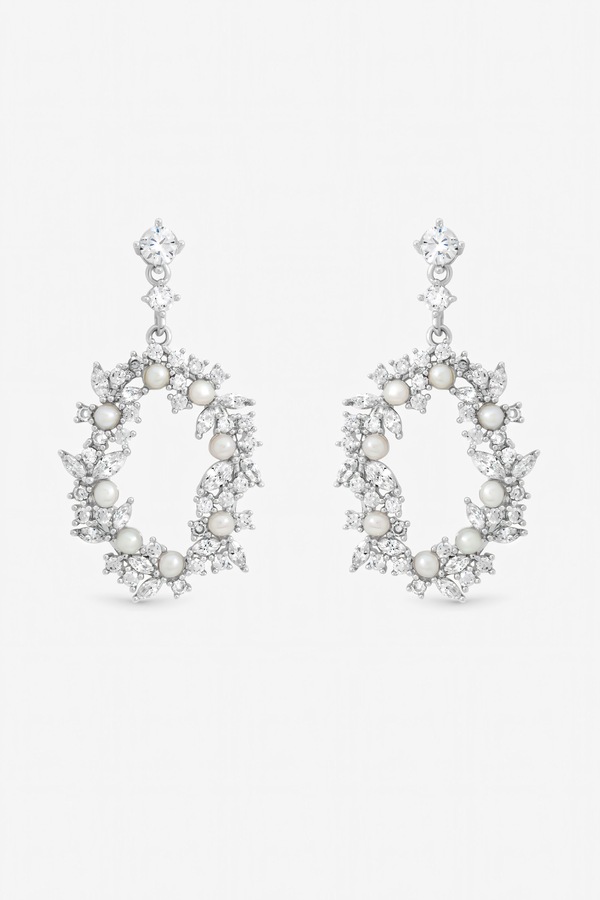 Jon Richard Rhodium Plated Crystal and Freshweater Pearl Open Earrings
