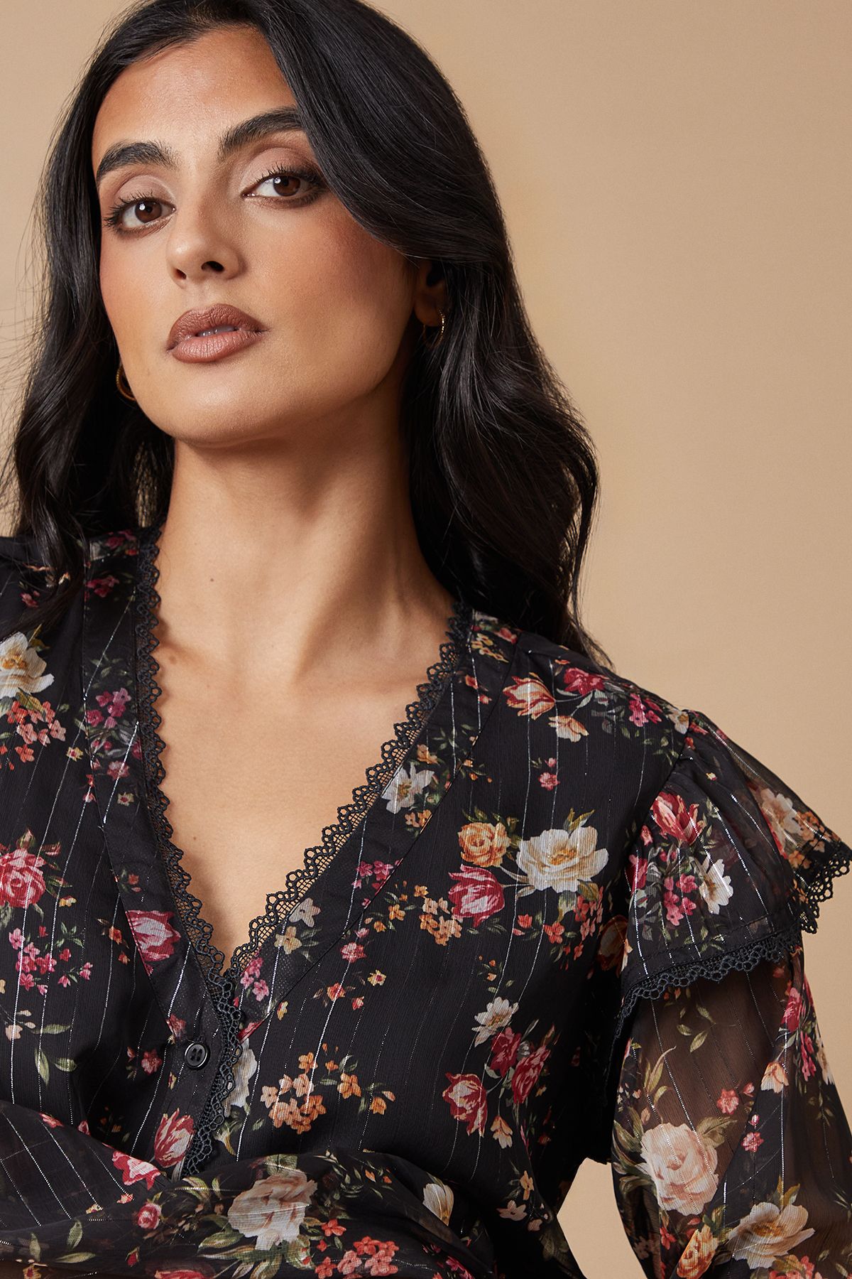 Oasis Floral Metallic Chiffon Lace Trim Ruffle Sleeve Blouse True Black image 3