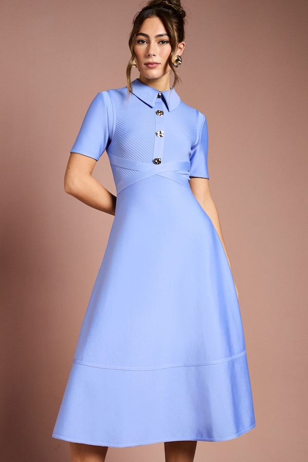 Coast Bandage Knit Short Sleeve Shirt Midi Dress Blue