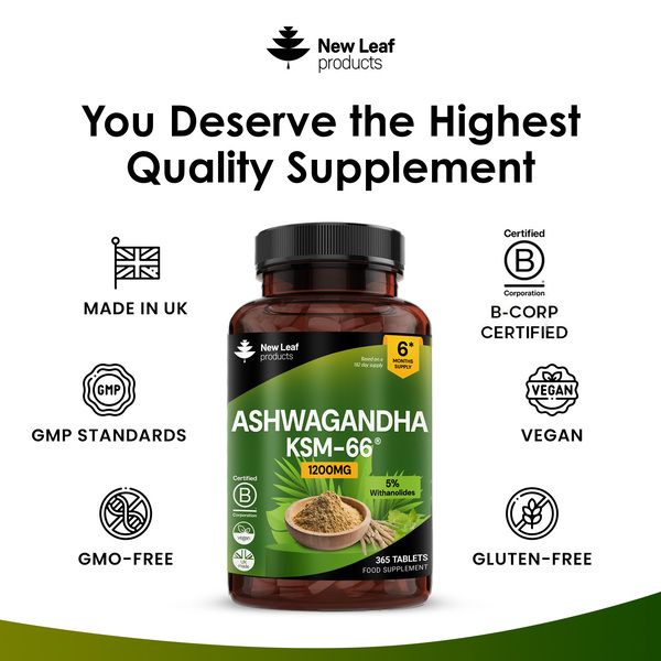New leaf health Ashwagandha KSM-66 1200mg Pure Root Extract - 365 Vegan Tablets image 4