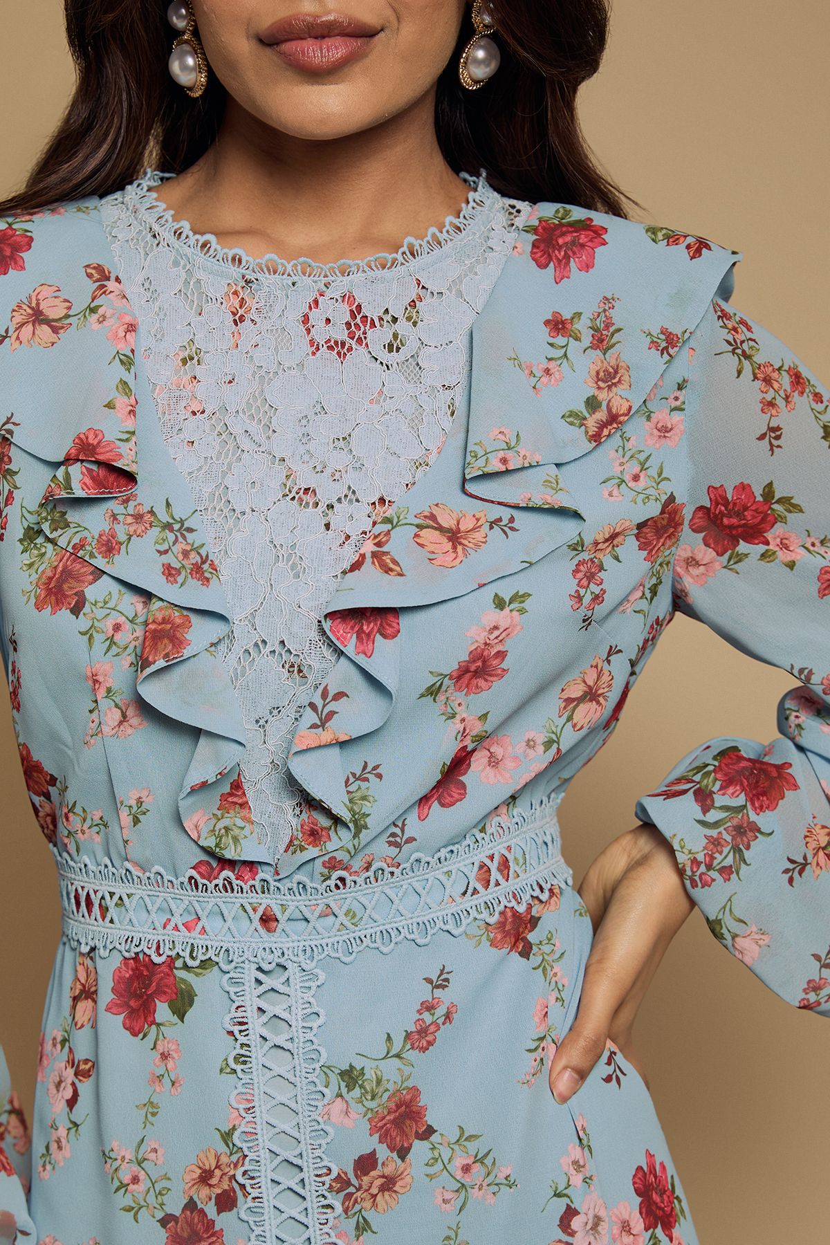 Oasis Petite Chiffon Printed Lace Trim Detail Ruffle Midi Dress Blue image 5