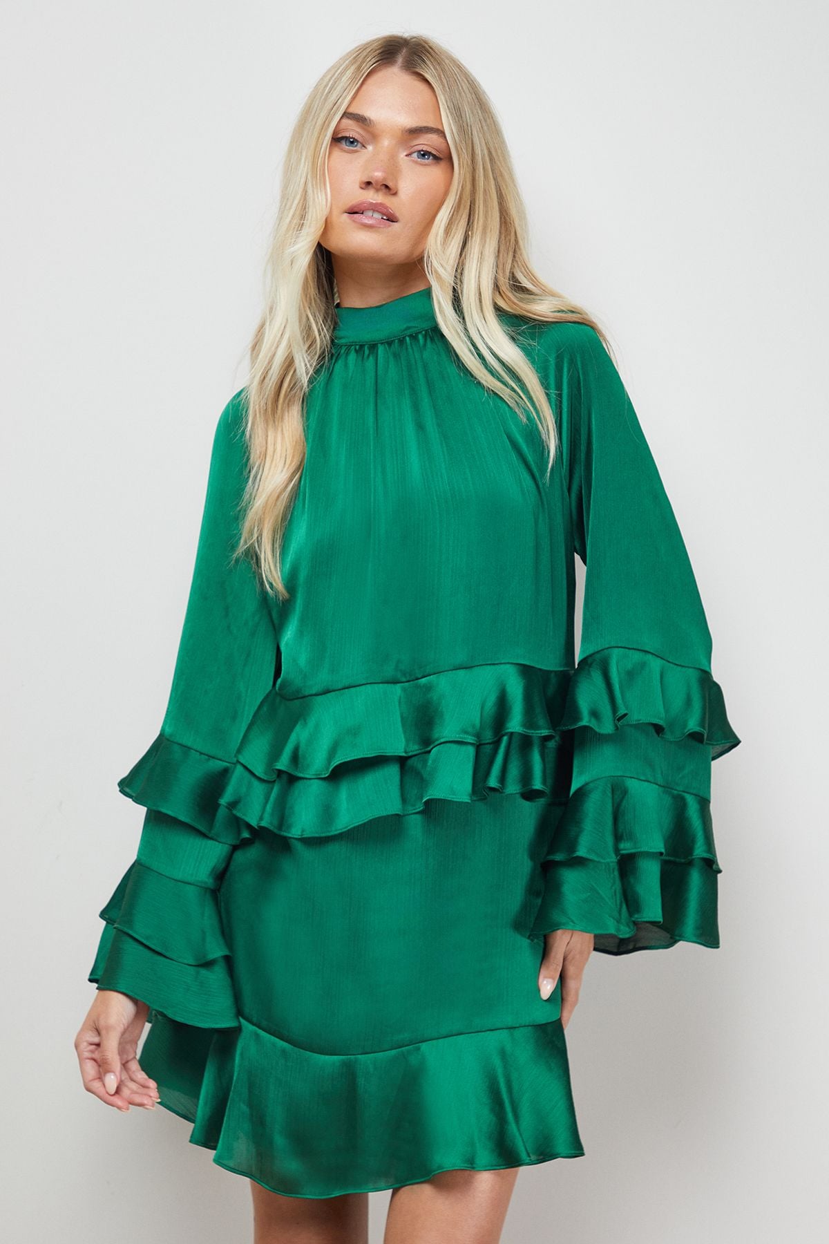 Oasis Layered Ruffle Sleeve Bow Back Mini Dress Forest image 2