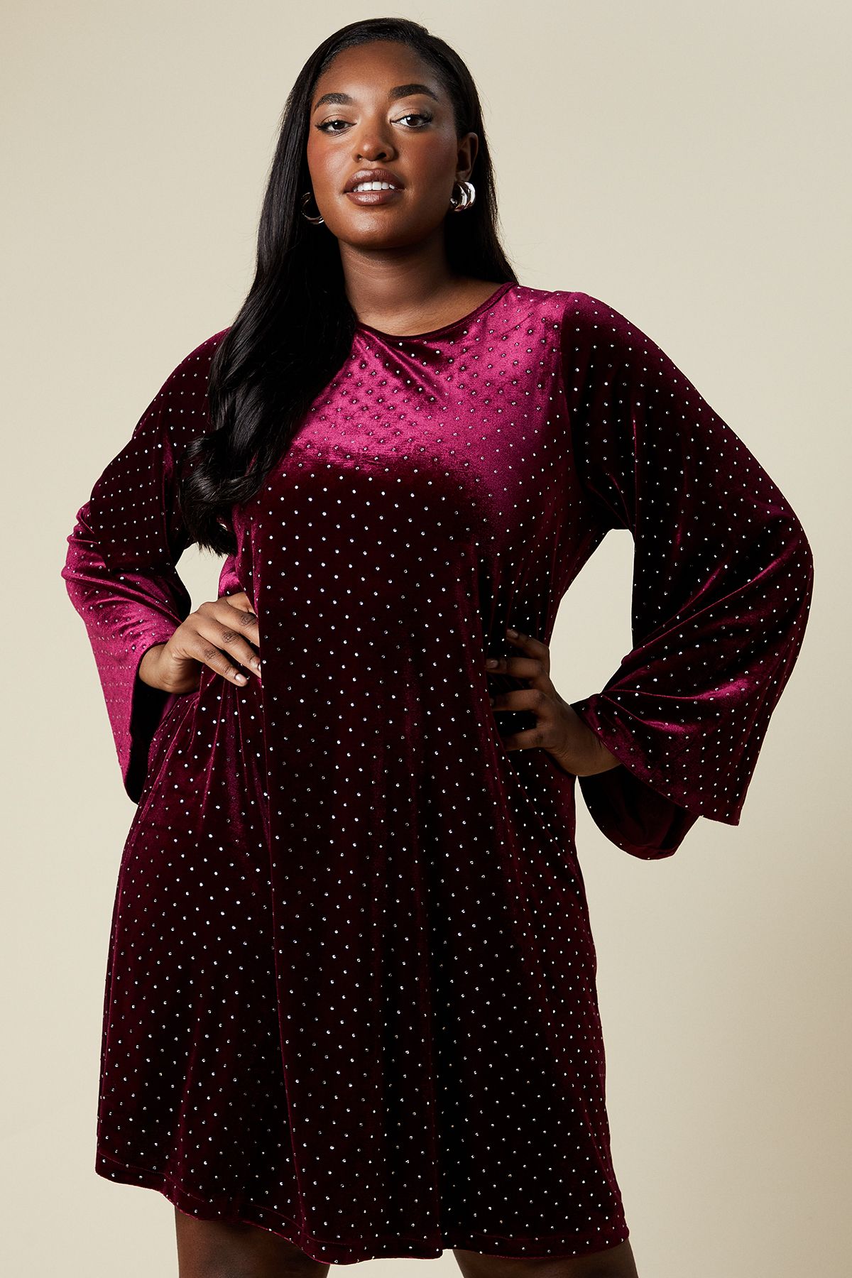 Dorothy Perkins Curve Bow Back Swing Mini Dress Velvet Diamante Berry image 1