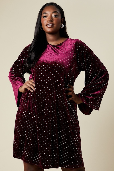 Dorothy Perkins Curve Bow Back Swing Mini Dress Velvet Diamante Berry