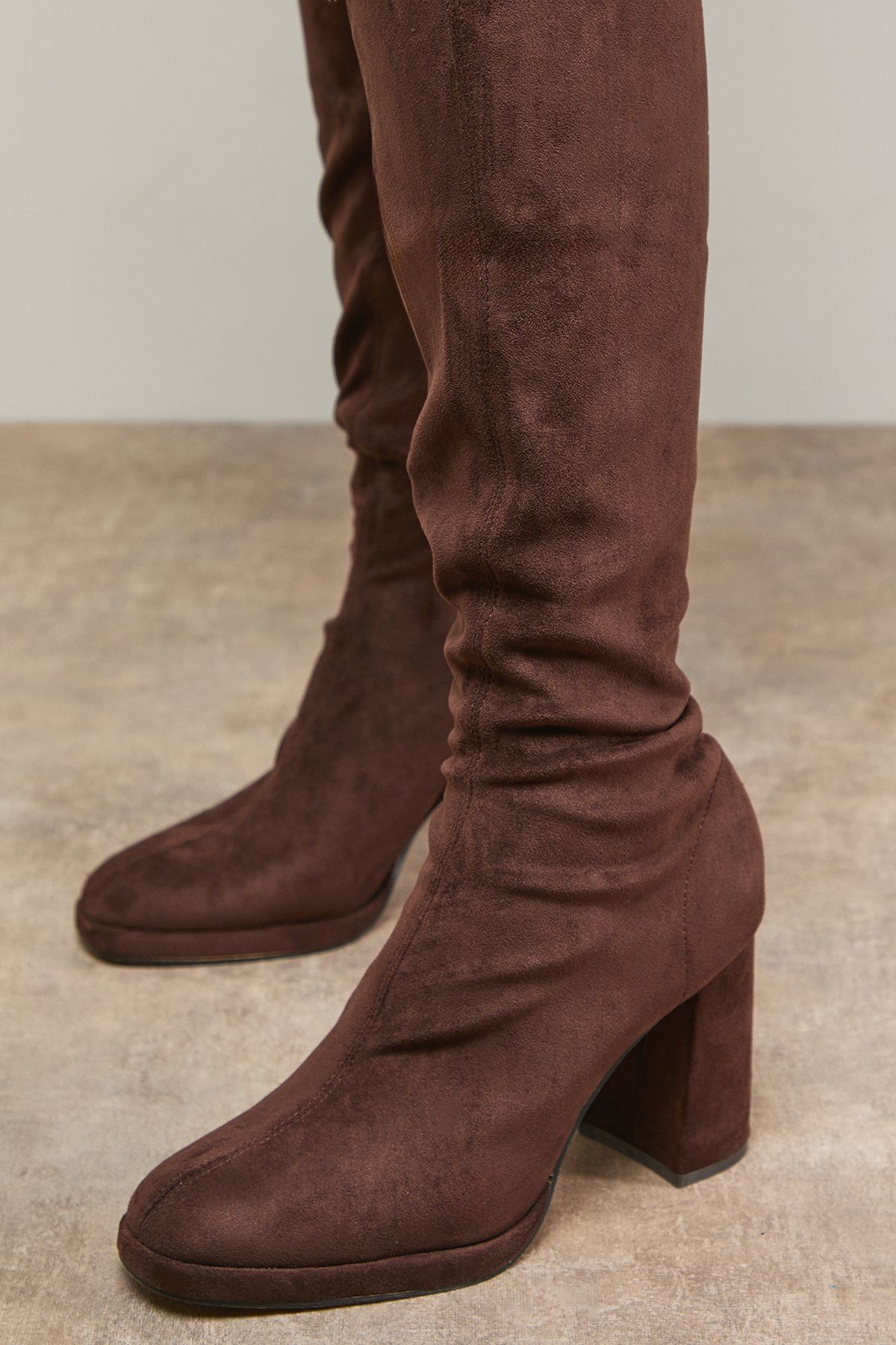 Oasis Florence Faux Suede Platform Block Heel Sock Knee Boots Chocolate image 3