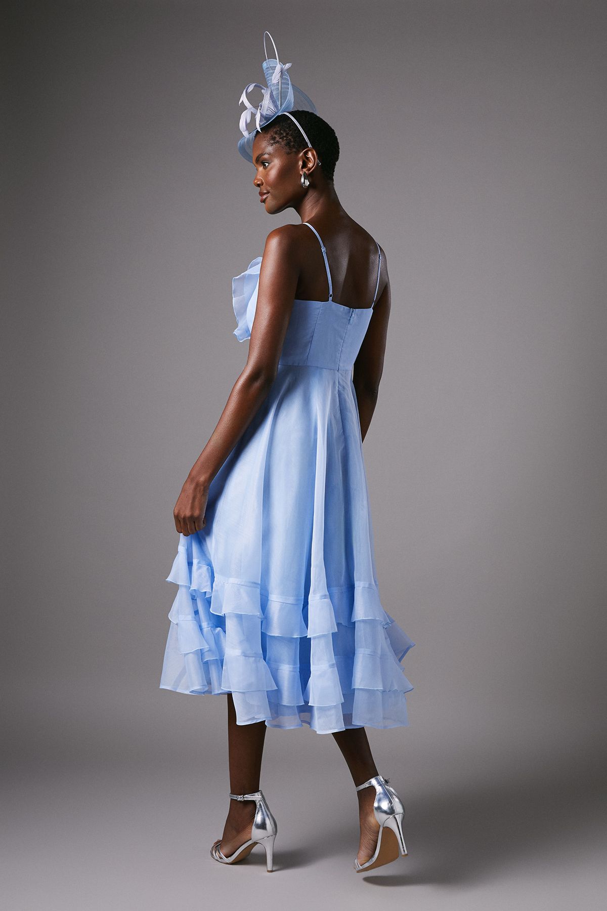 Coast Frill V Neck Midi Wedding Guest Dress Blue image 4