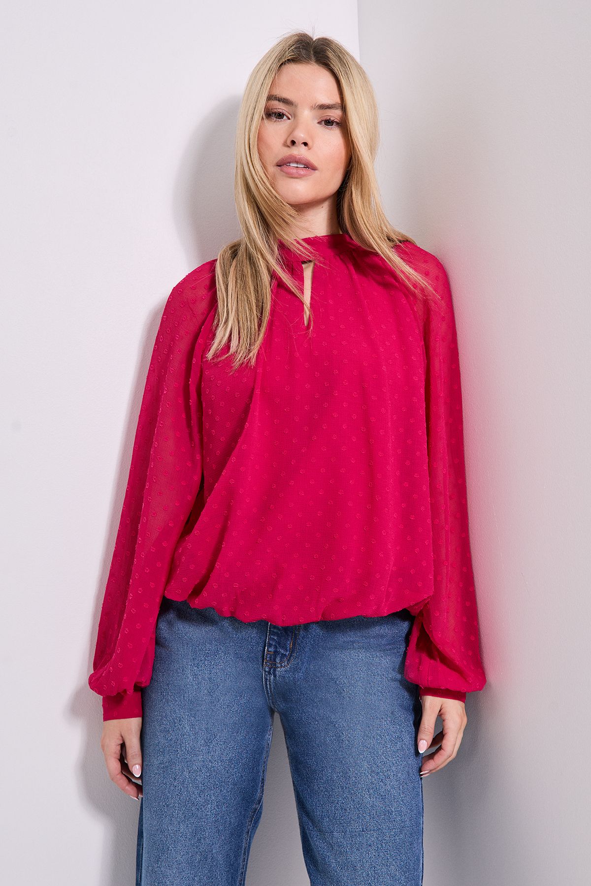 Dorothy Perkins Tie Neck Keyhole Blouson Sleeve Blouse Dark Pink image 1