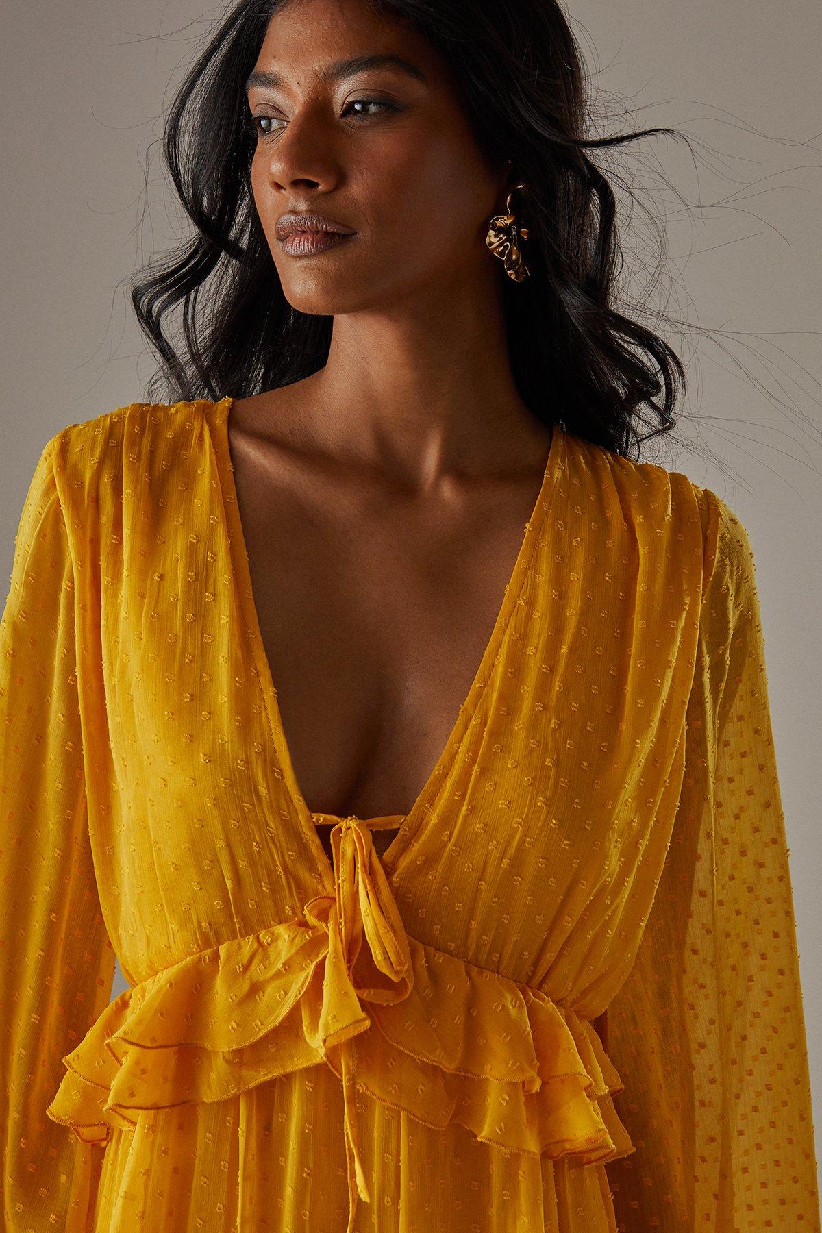 Warehouse Dobby Chiffon Plunge Neck Ruffle Midi Smock Dress Yellow image 4