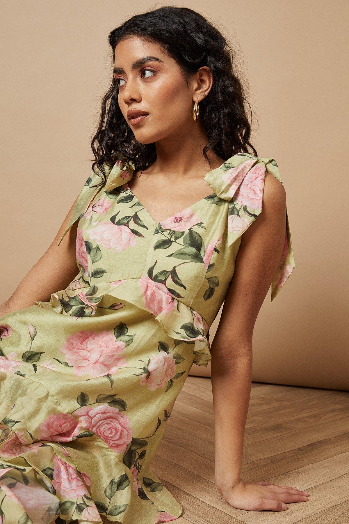 Oasis Petite Floral Printed Tiered Ruffle Tie Shoulder Midi Dress Sage image 2