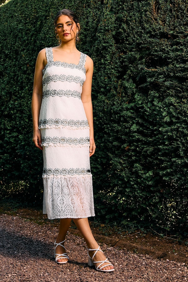 Oasis Contrast Lace Strappy Midi Dress Ivory