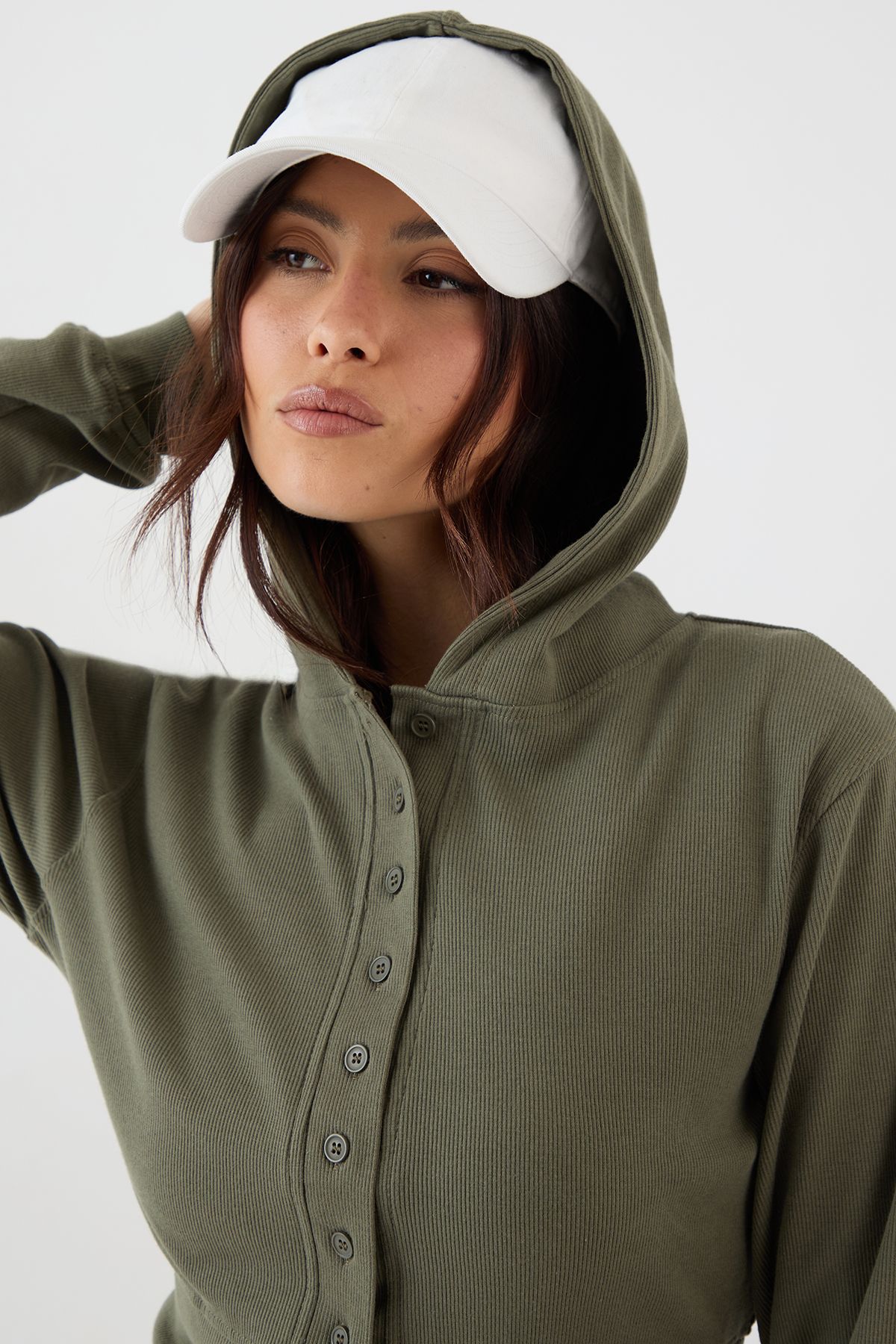 DSGN Studio DSGN Studio Button Through Cinched Hooded Rib Top Olive image 4