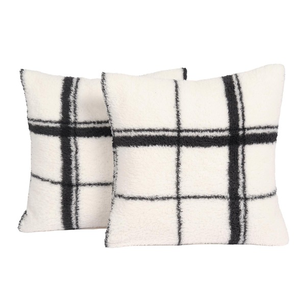 OHS Check Teddy Fleece Cushion Covers 2 x Home Decor Soft, Mono - 45 x 45cm