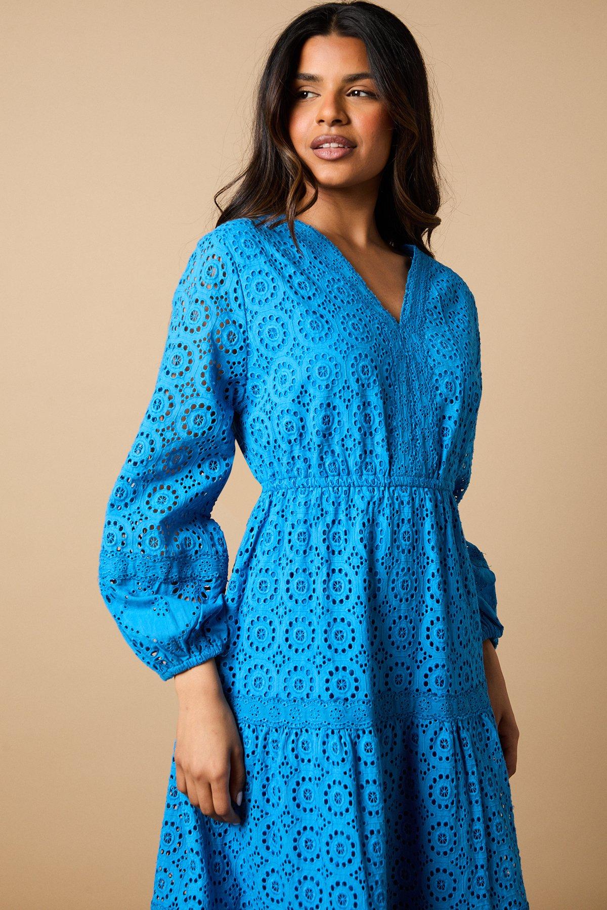 Oasis Petite Broderie Trim Detail Puff Sleeve Midi Dress Cobalt image 4