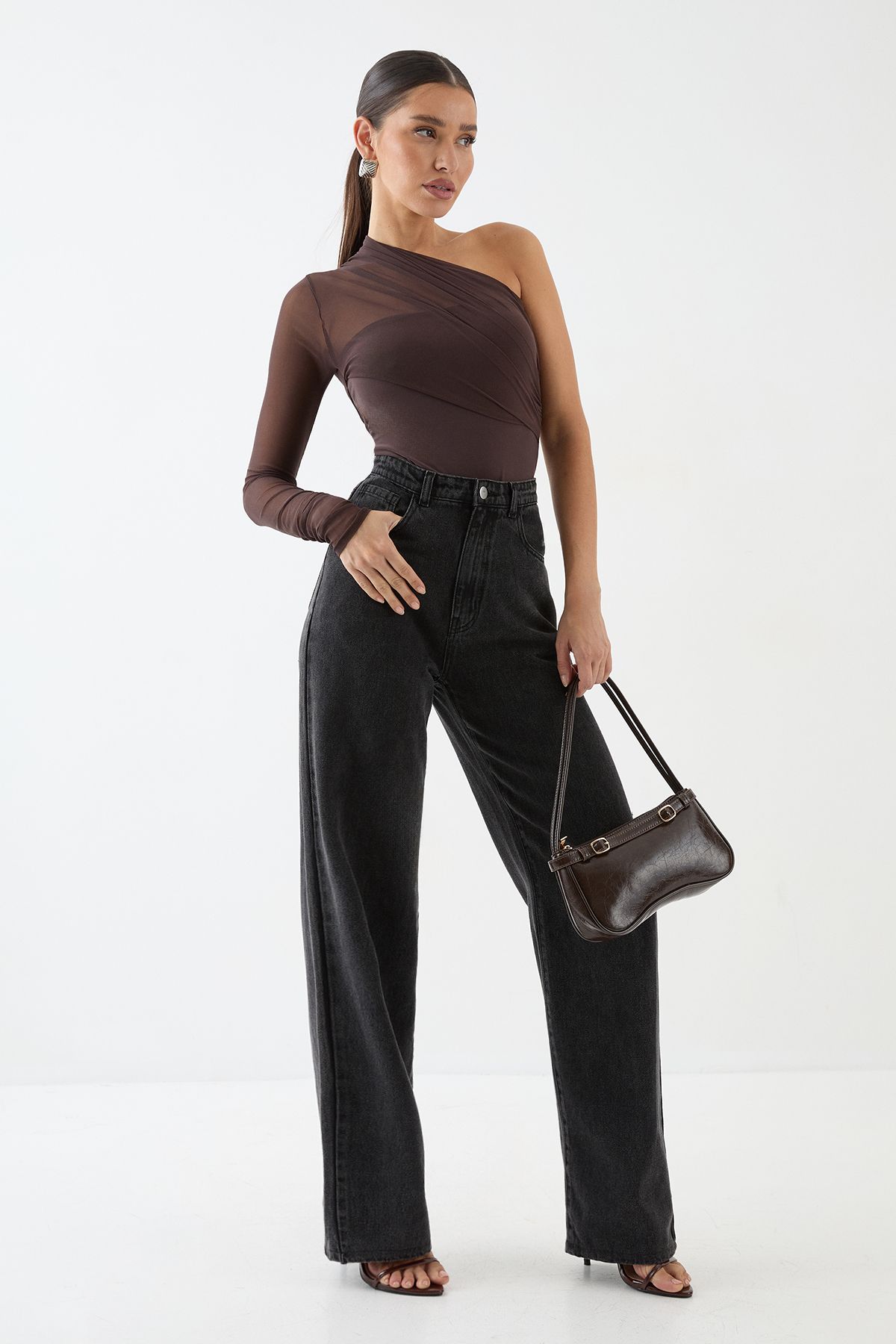 MissPap Mesh One Shoulder Bodysuit Chocolate image 2