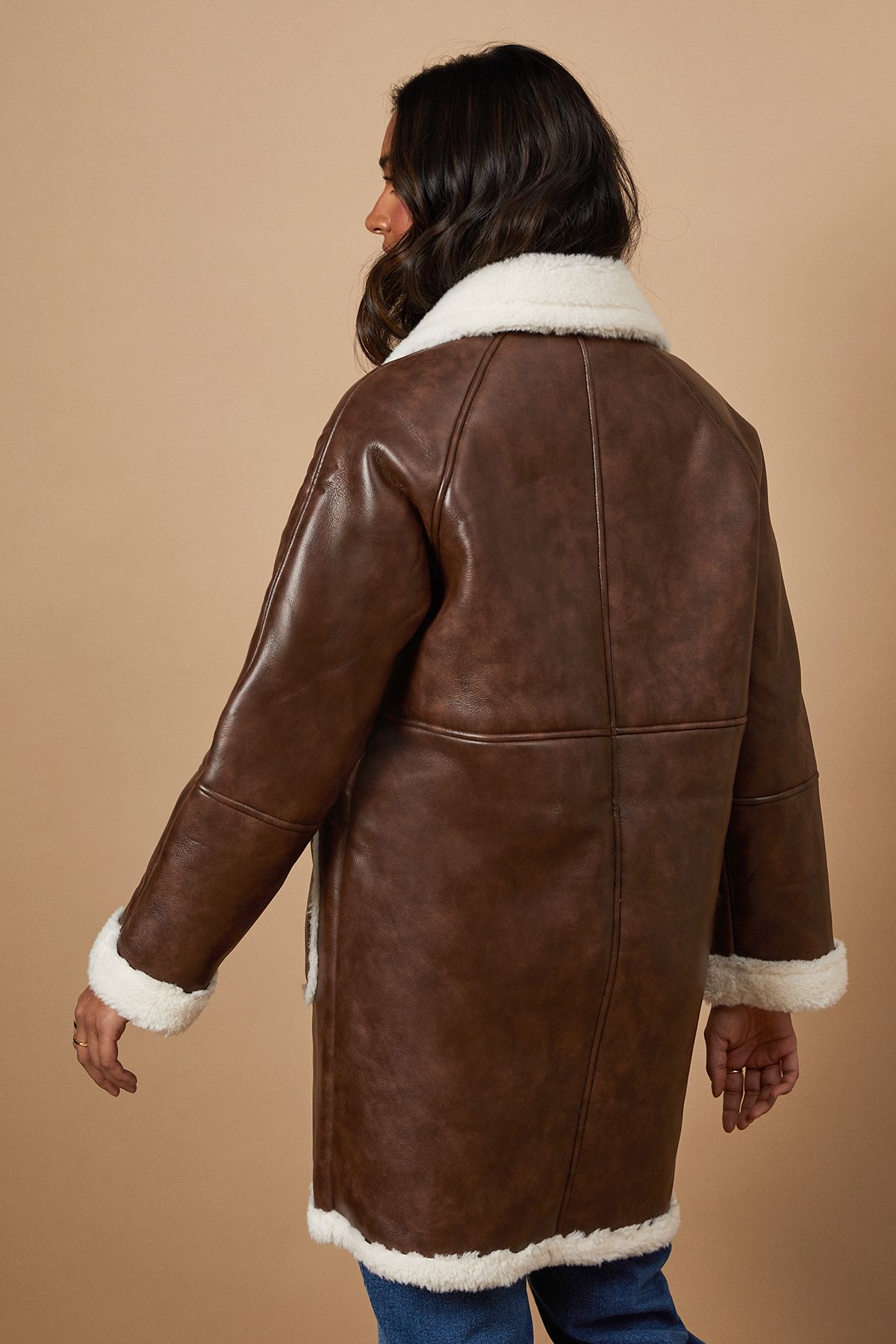 Oasis Pu Bonded Shearling Coat Tan image 3