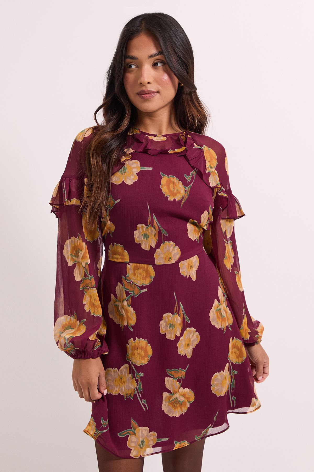 Dorothy Perkins Petite Brown Frill Detail Blouson Sleeve Mini Dress Brown image 2