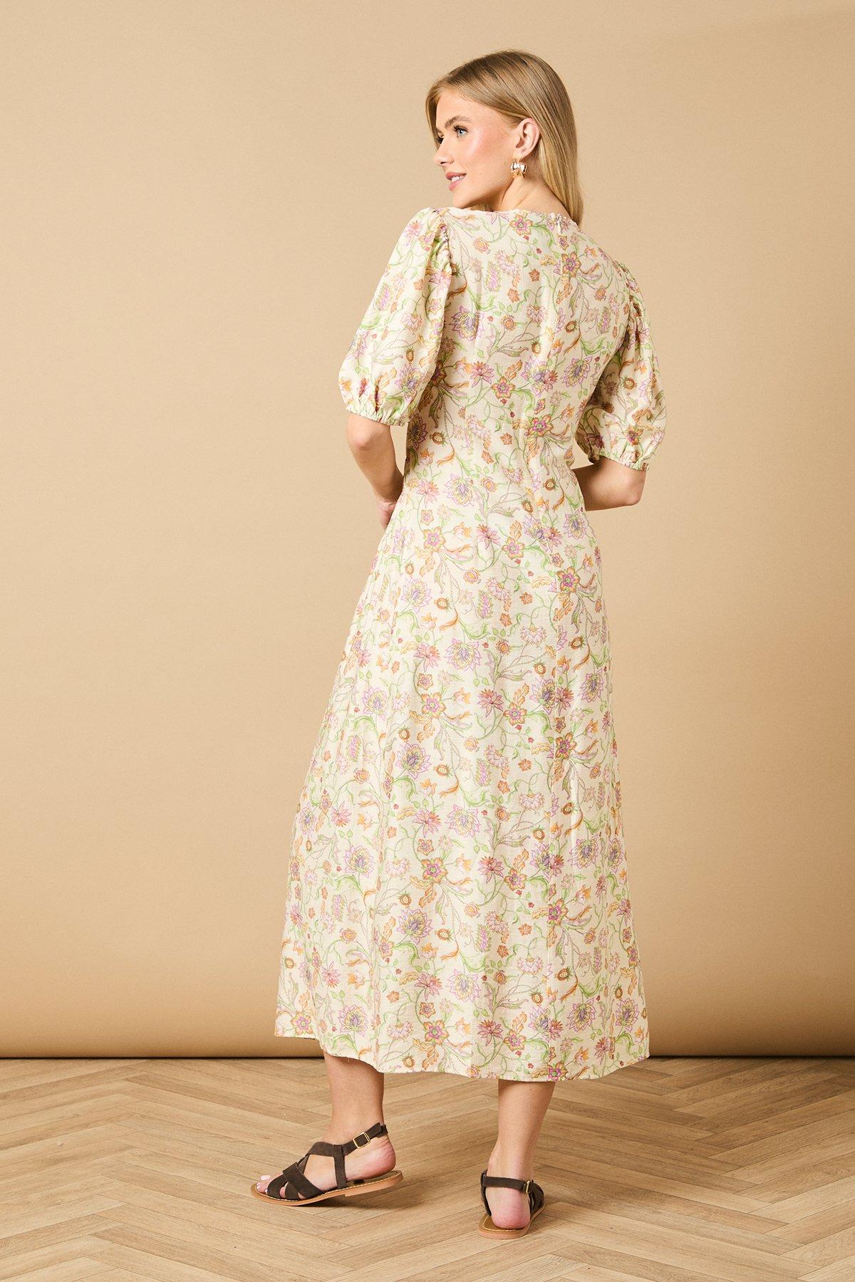 Oasis Printed Shirred Bodice Puff Sleeve Midi Dress Multi image 5