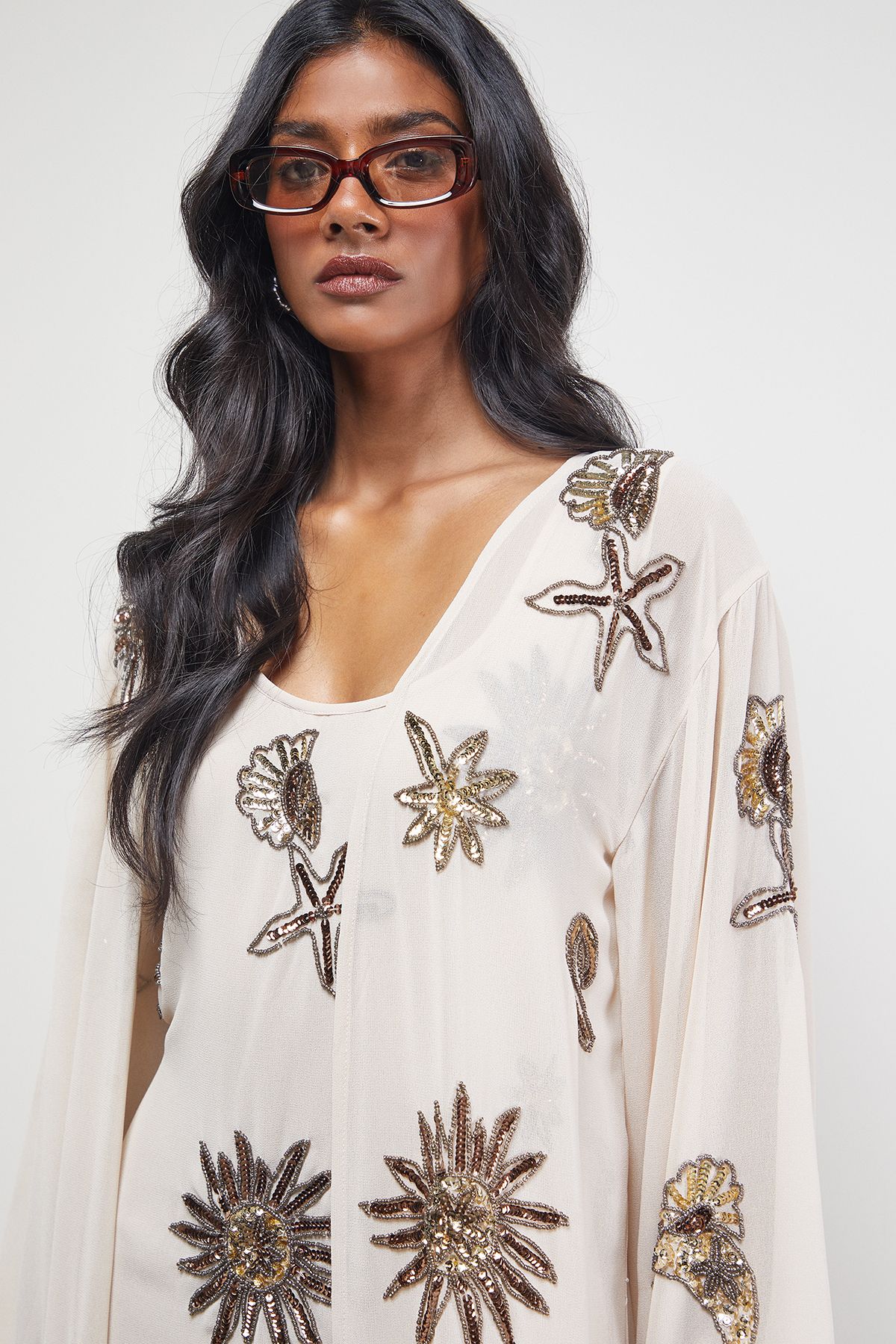 Warehouse Hand Embellished Celestial Fringe Hem Kimono Ivory image 2