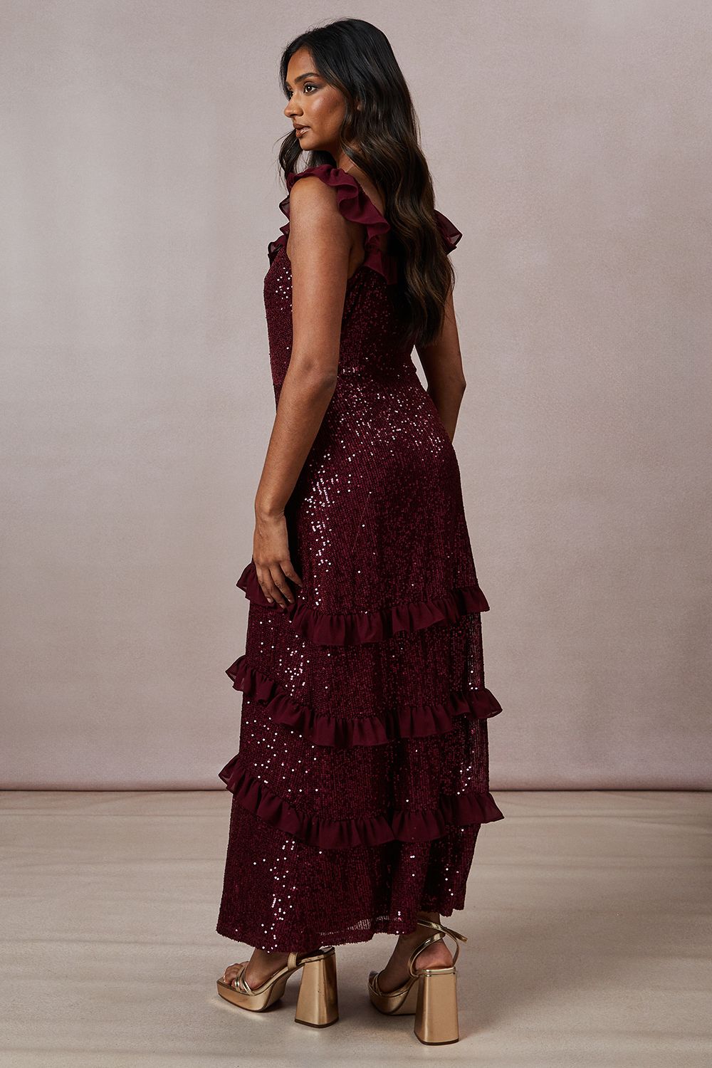 Oasis Occasion Sequin Ruffle Midaxi Dress Berry image 3