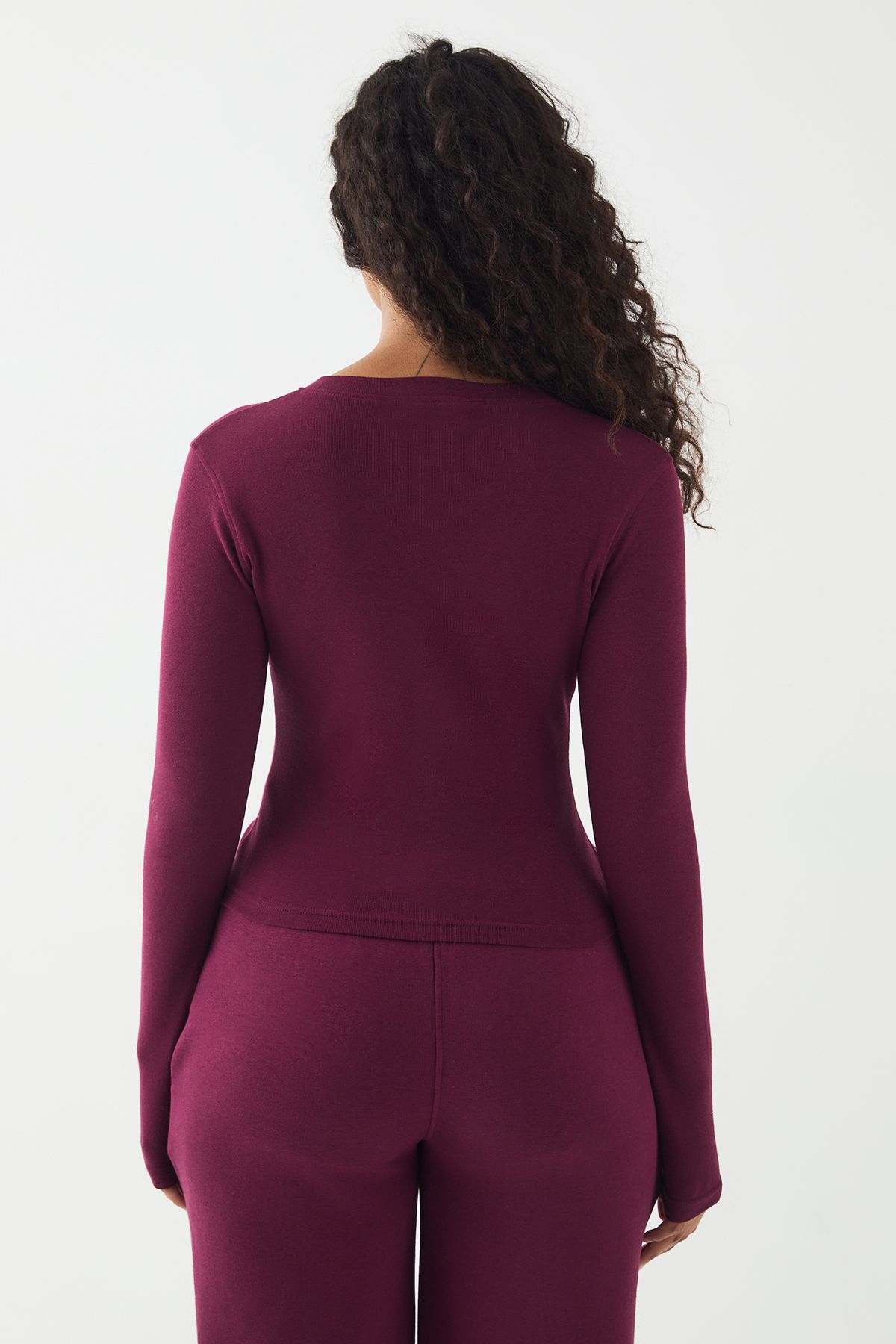 DSGN Studio DSGN Studio Ribbed Script Embroidery  Button Through Long Sleeve Top Plum image 2