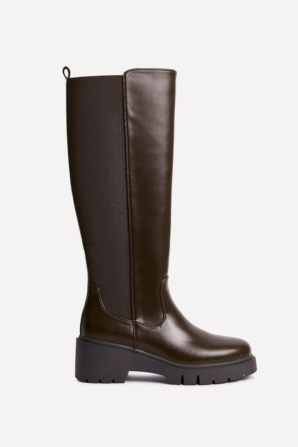 Linzi Hyland Brown Faux Leather High Leg Wedge Boot