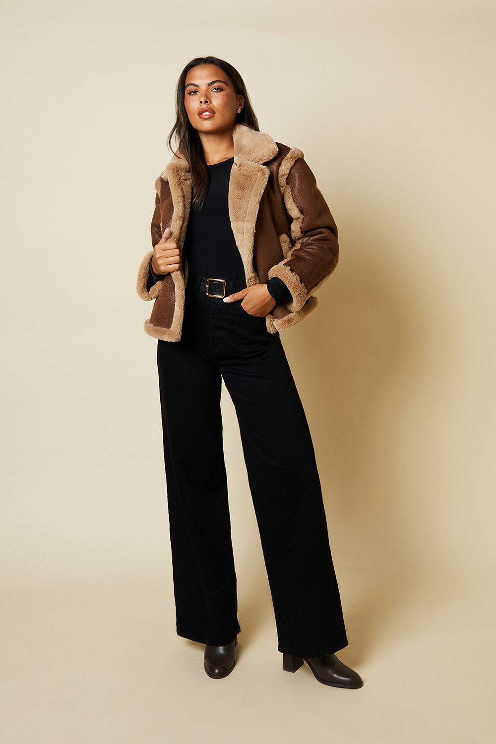 Dorothy Perkins Brown Suede Cropped Aviator Jacket Brown image 2