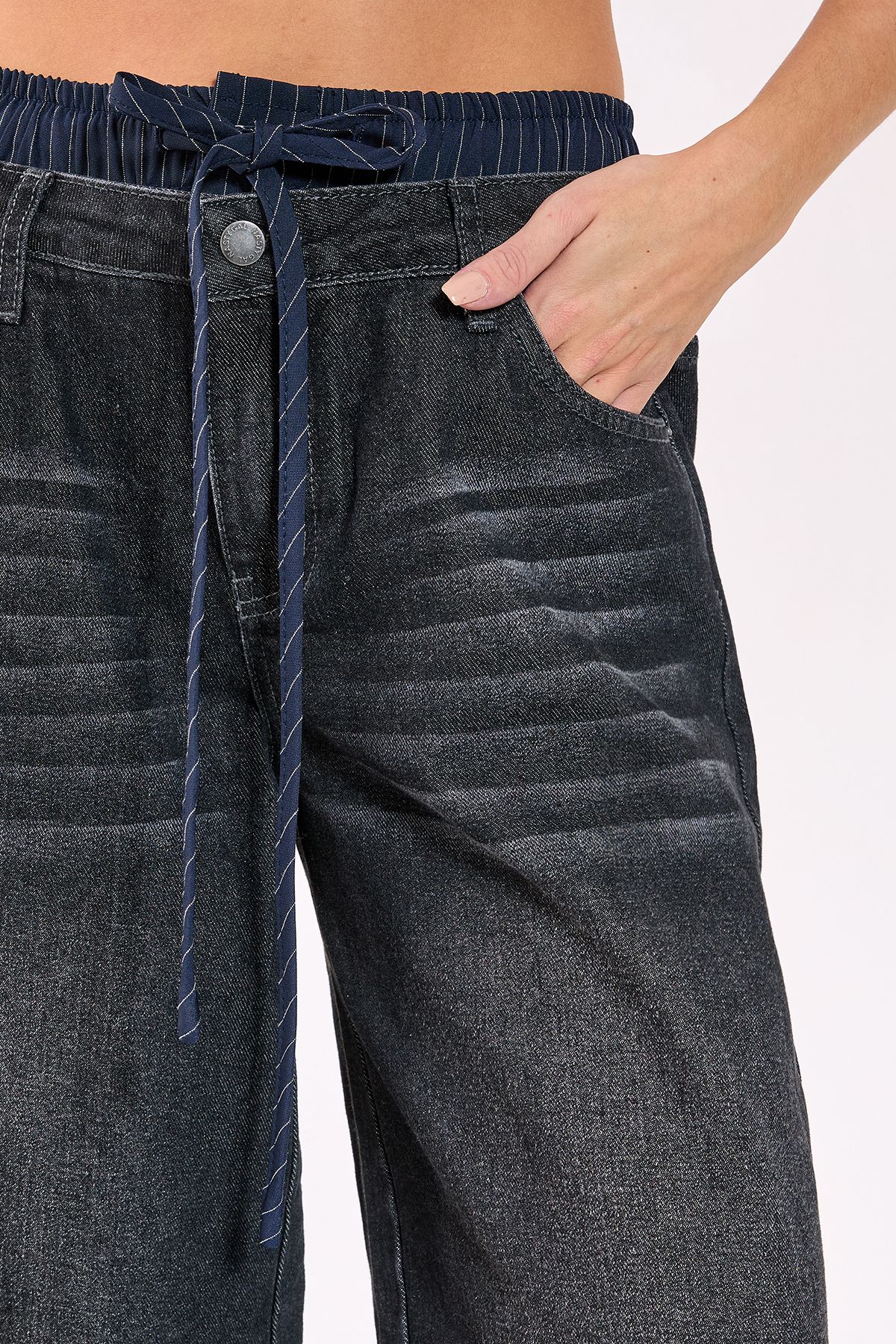 NastyGal Stone Wash Boxer Stripe Waistband Wide Leg Jeans Dark Grey image 5