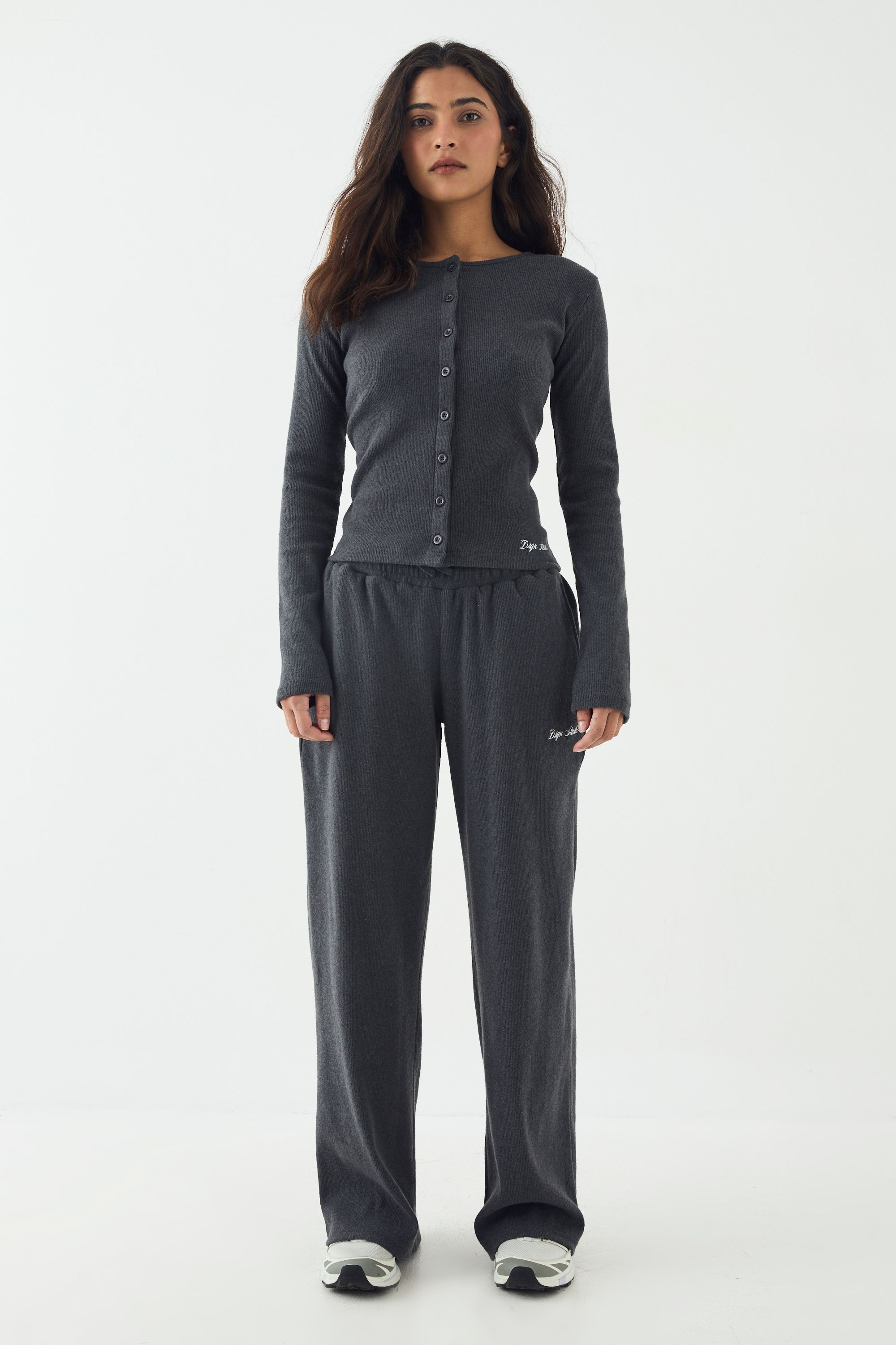 DSGN Studio DSGN Studio Brushed Rib Button Through Long Sleeve Top Charcoal image 5