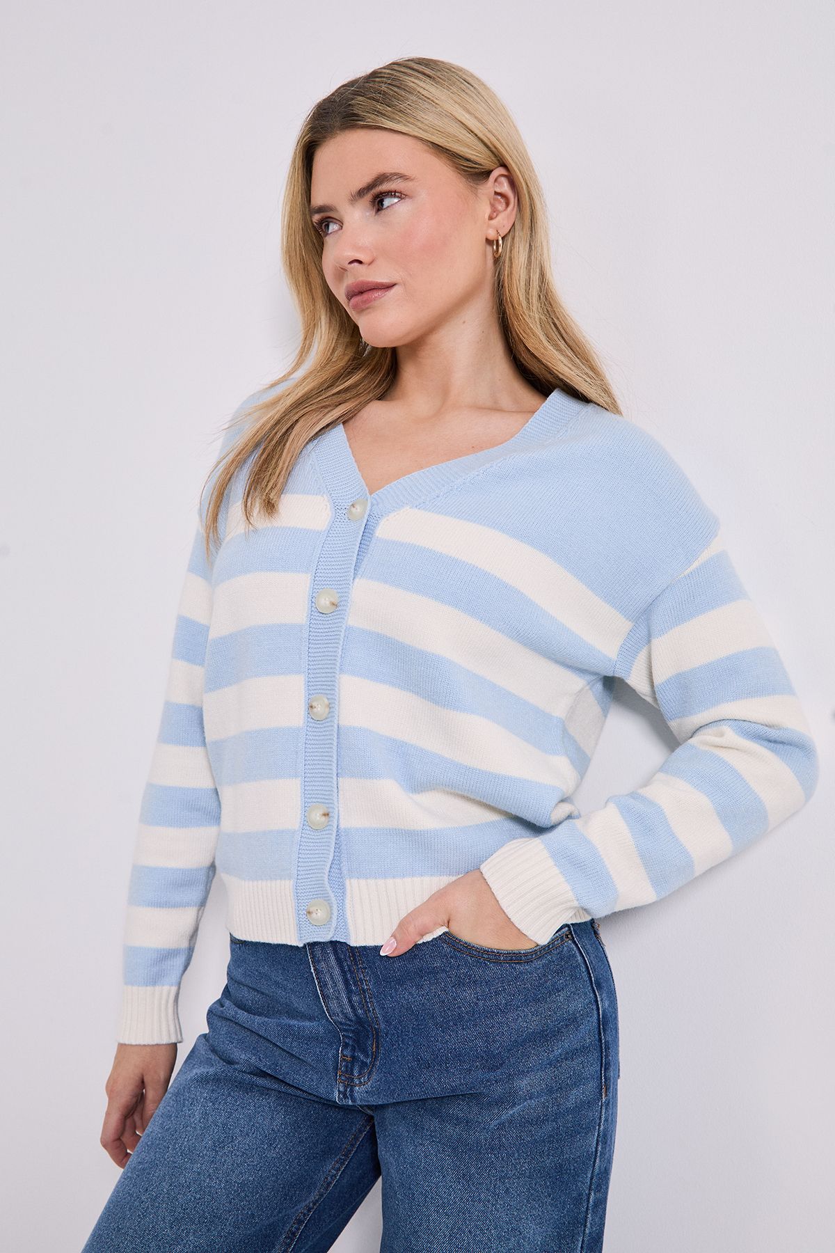 Dorothy Perkins Stripe V Neck Knit Cardigan Pale Blue image 1