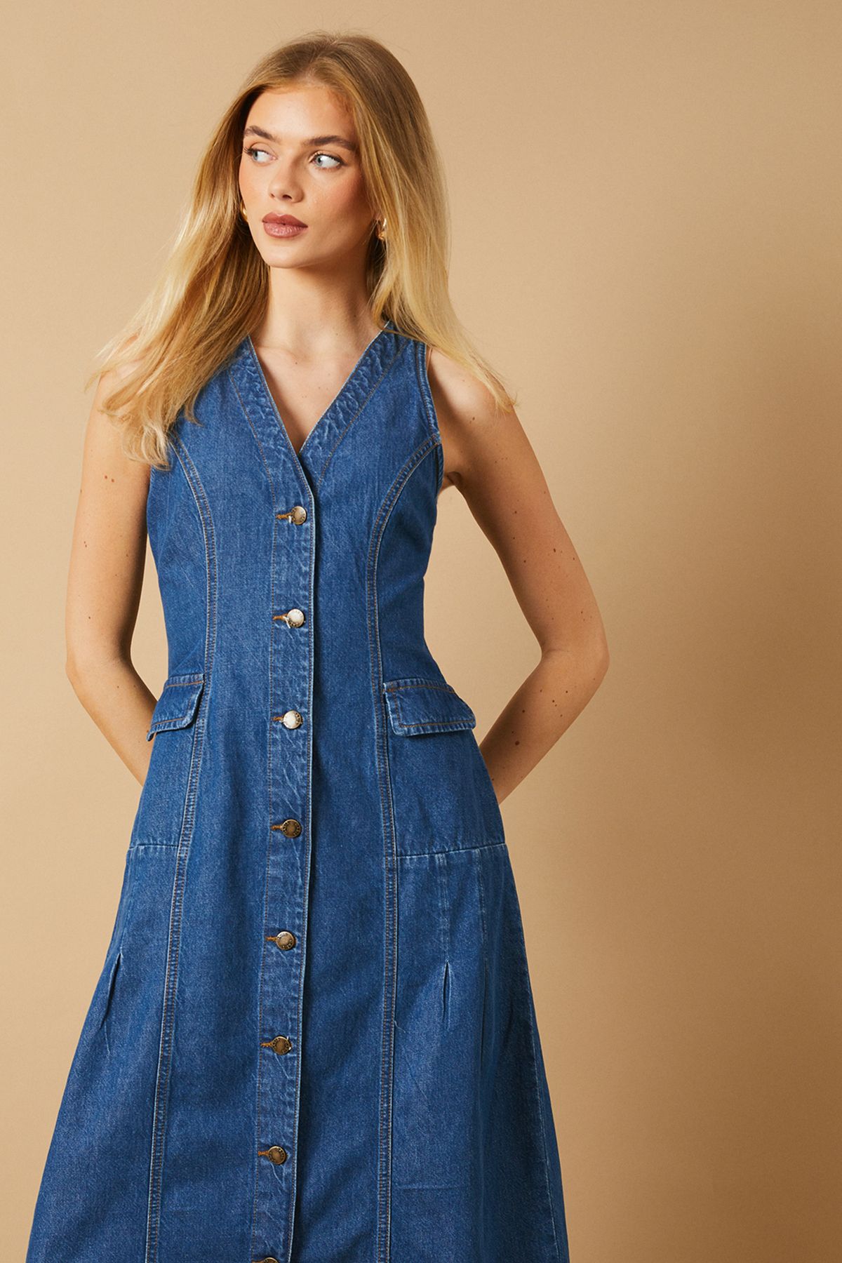 Oasis Flap Pocket Drop Waist Seam Midi Dress Dark Wash image 2