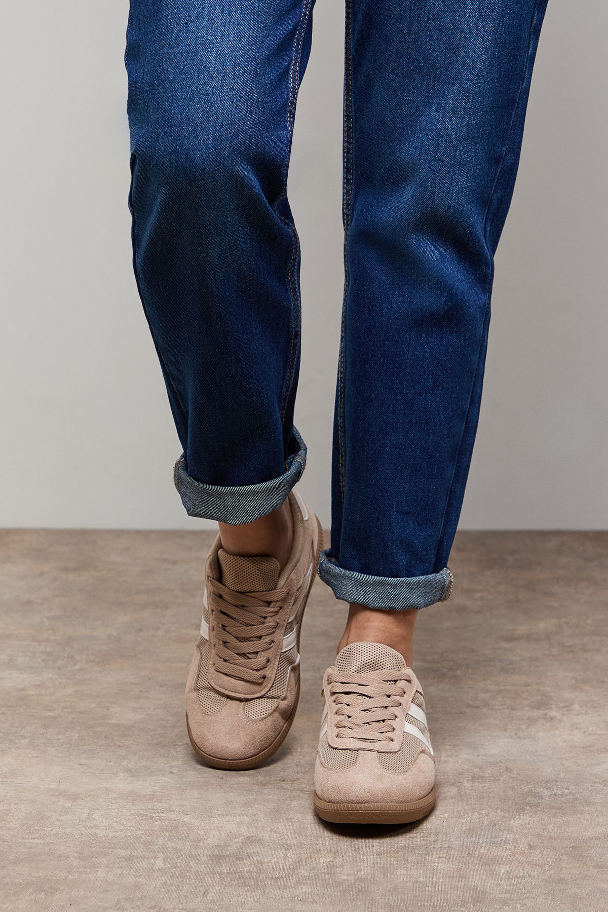 Oasis Jenna Faux Suede Mesh Detail Lace Up Trainers Beige image 3